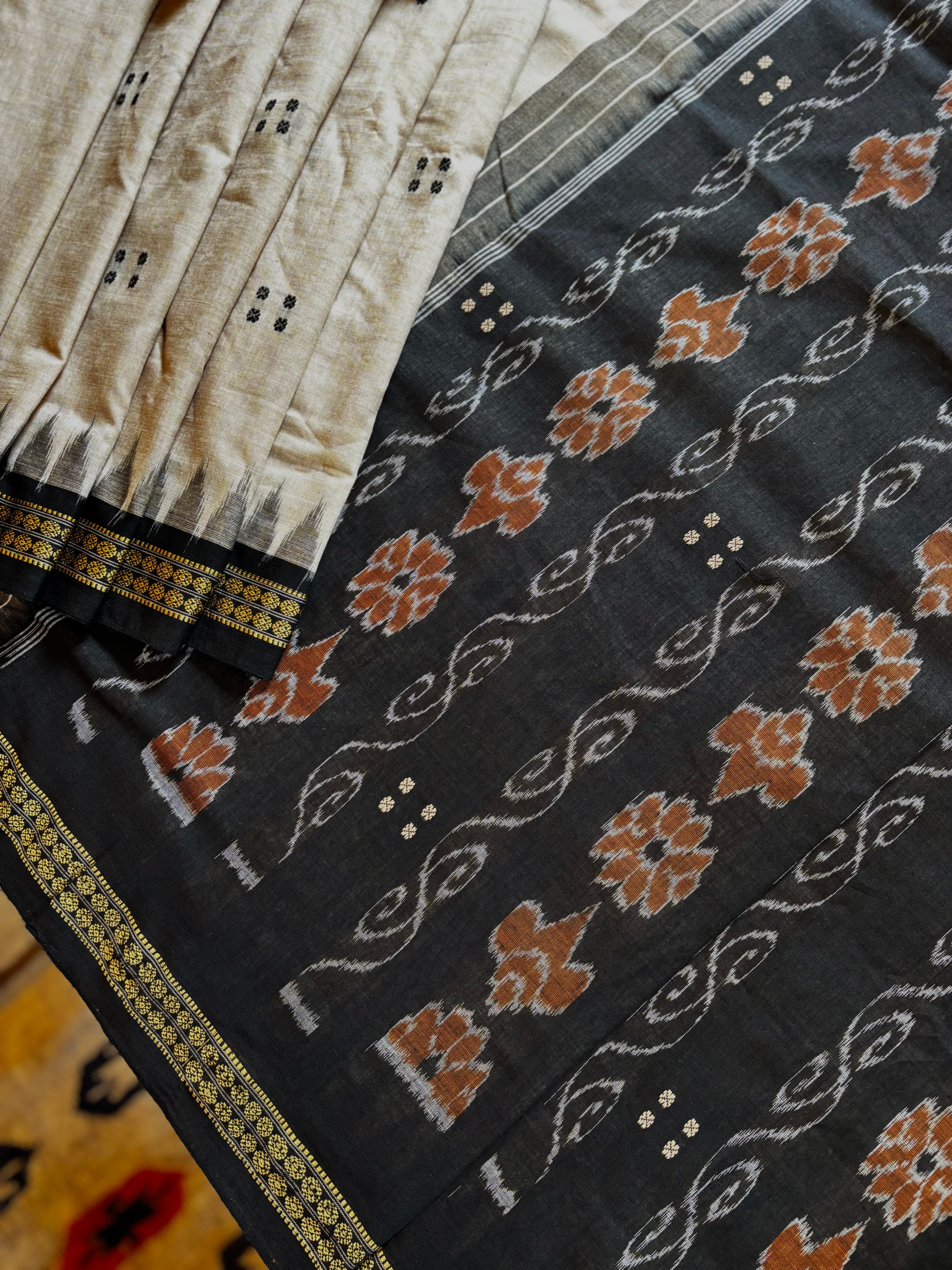 Handwoven Light Beige Black Odisha Cotton Ikkat Saree