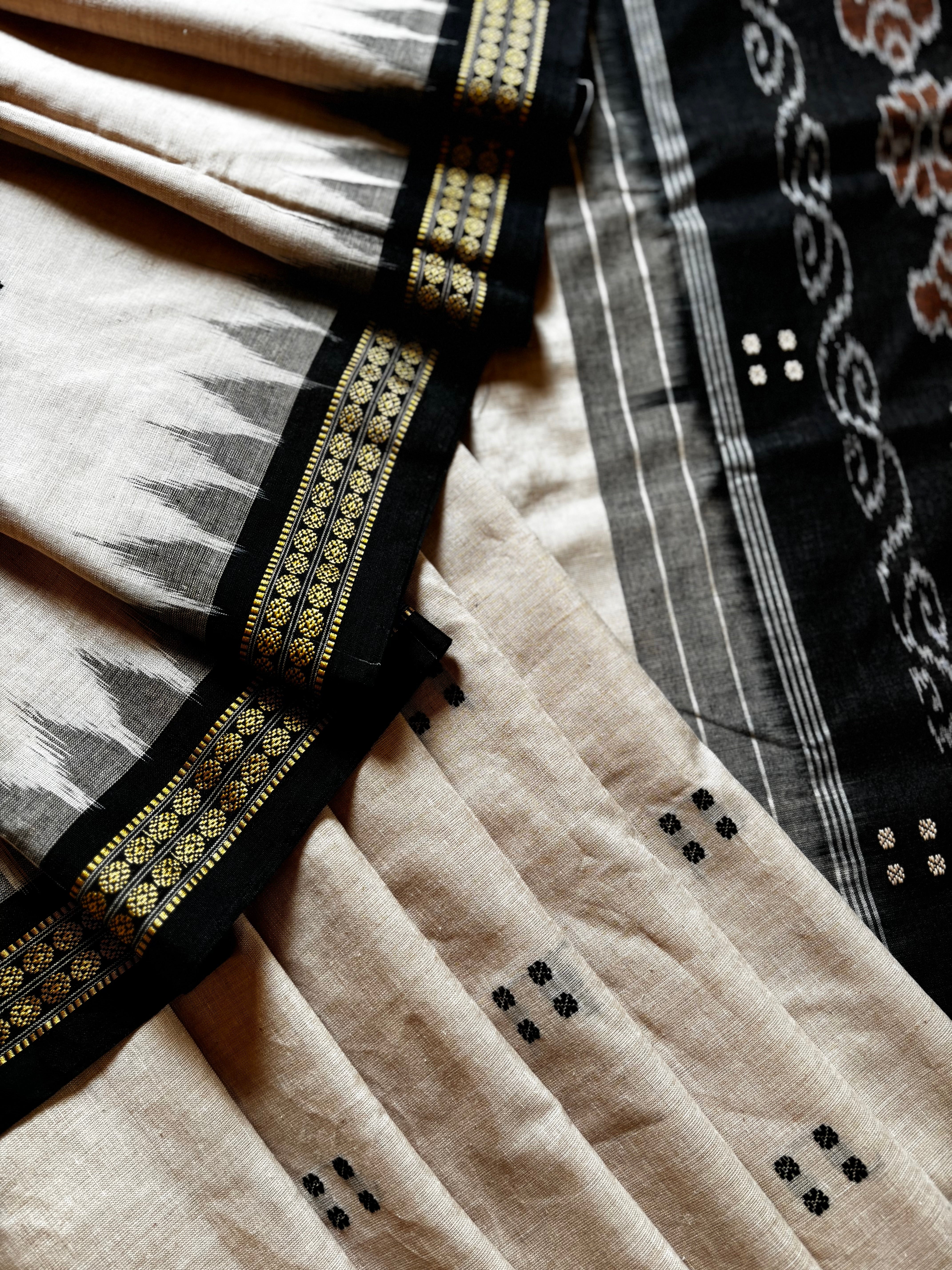Handwoven Light Beige Black Odisha Cotton Ikkat Saree