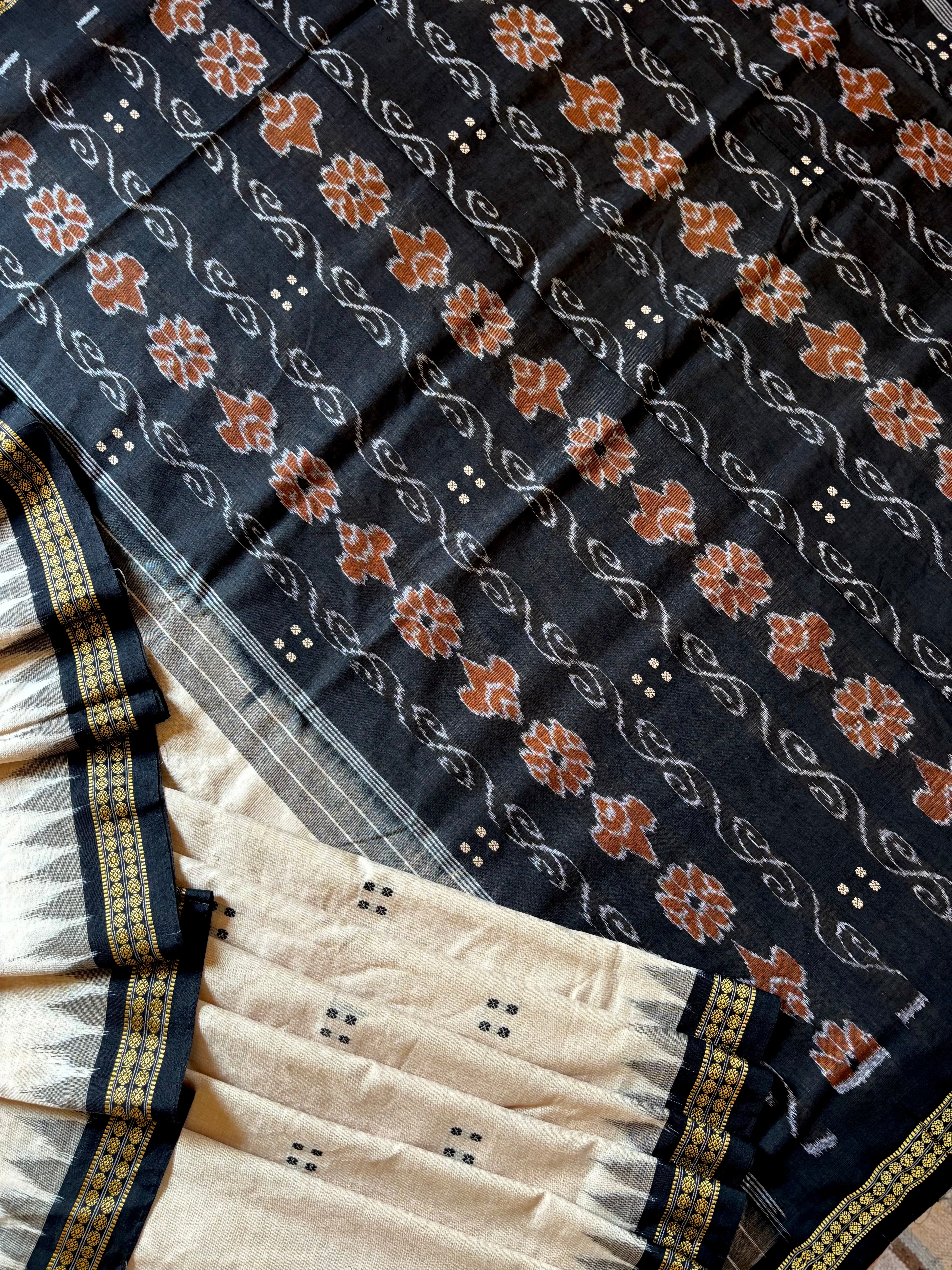 Handwoven Light Beige Black Odisha Cotton Ikkat Saree