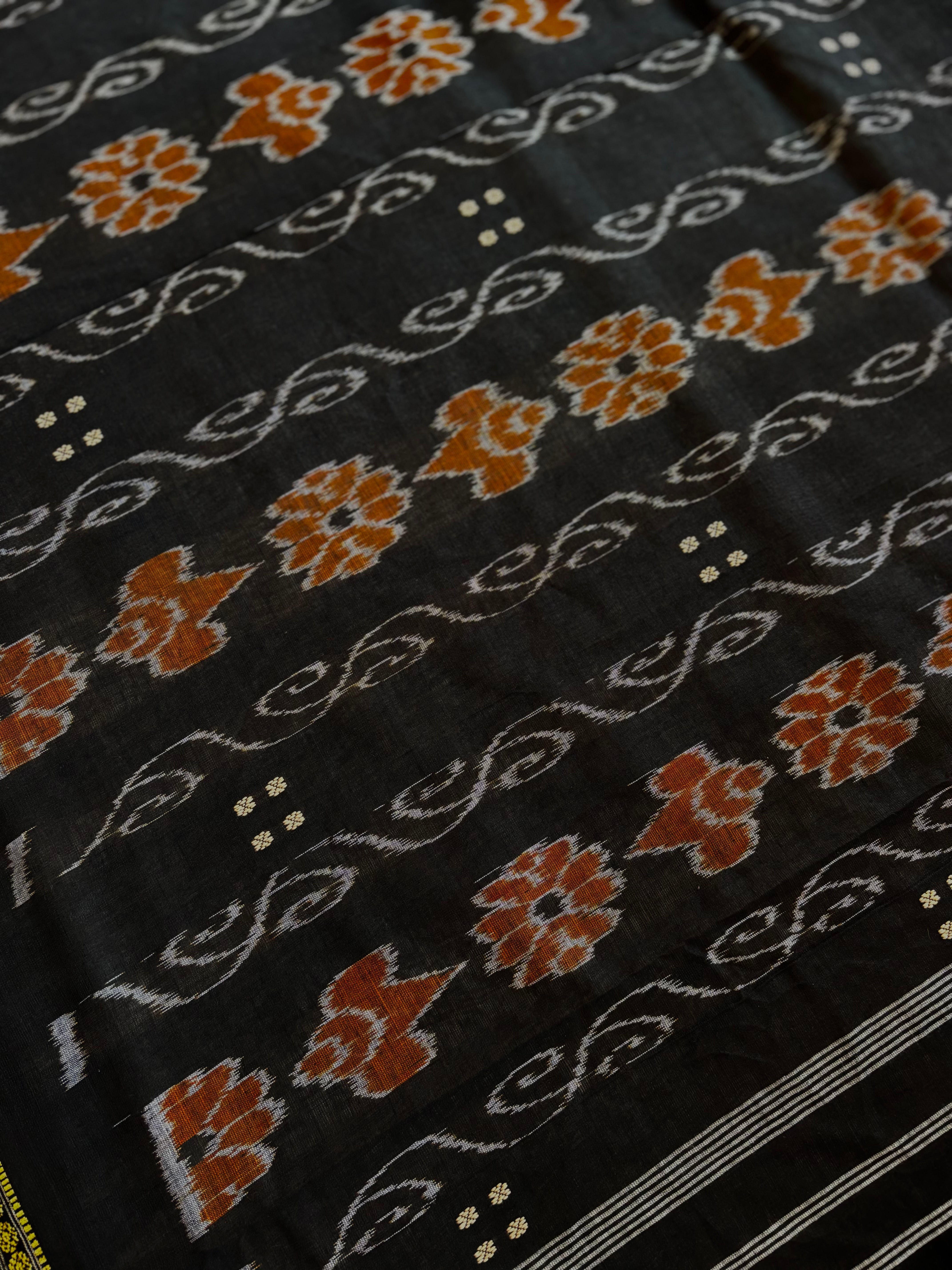 Handwoven Light Beige Black Odisha Cotton Ikkat Saree