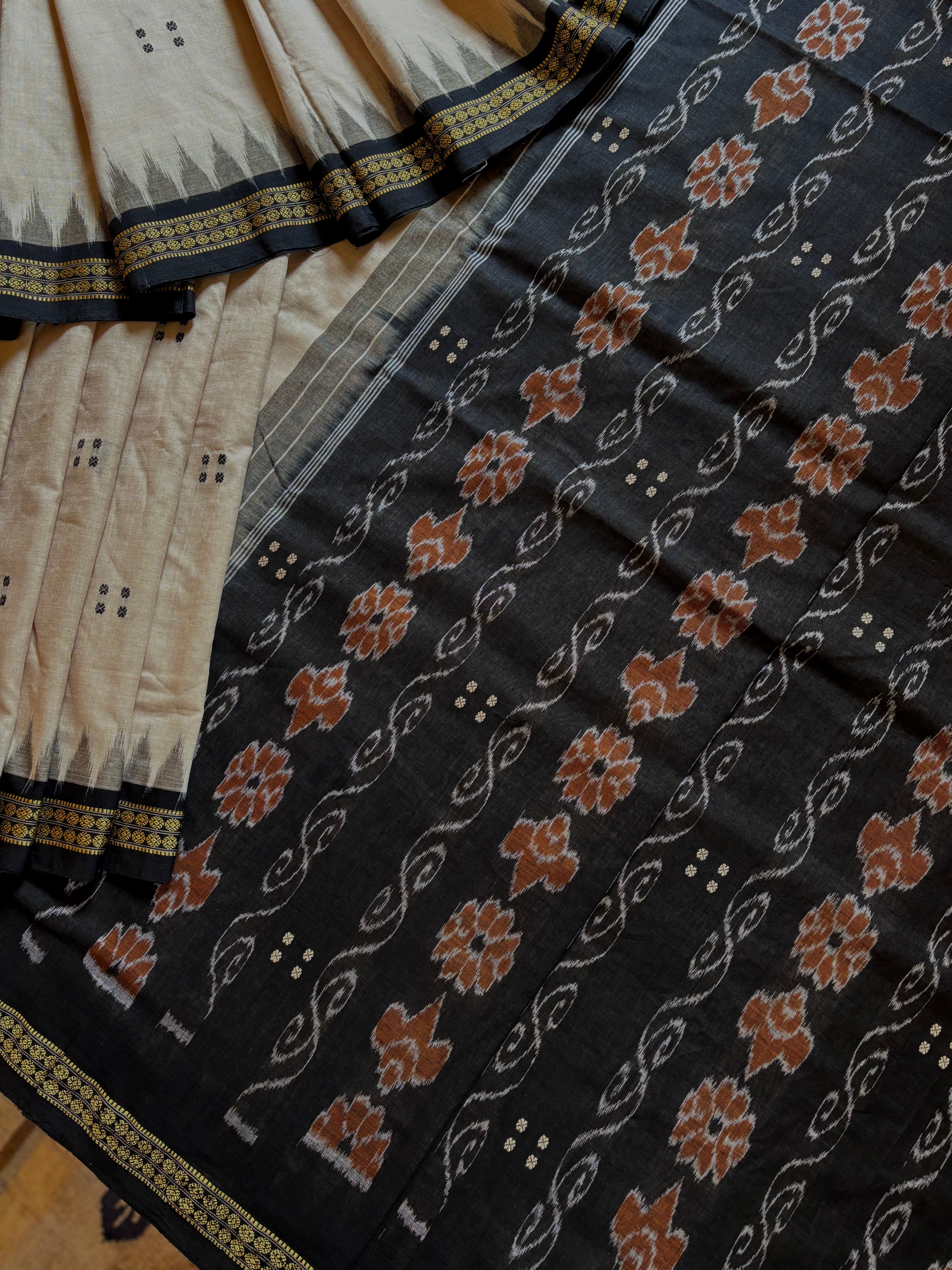 Handwoven Light Beige Black Odisha Cotton Ikkat Saree