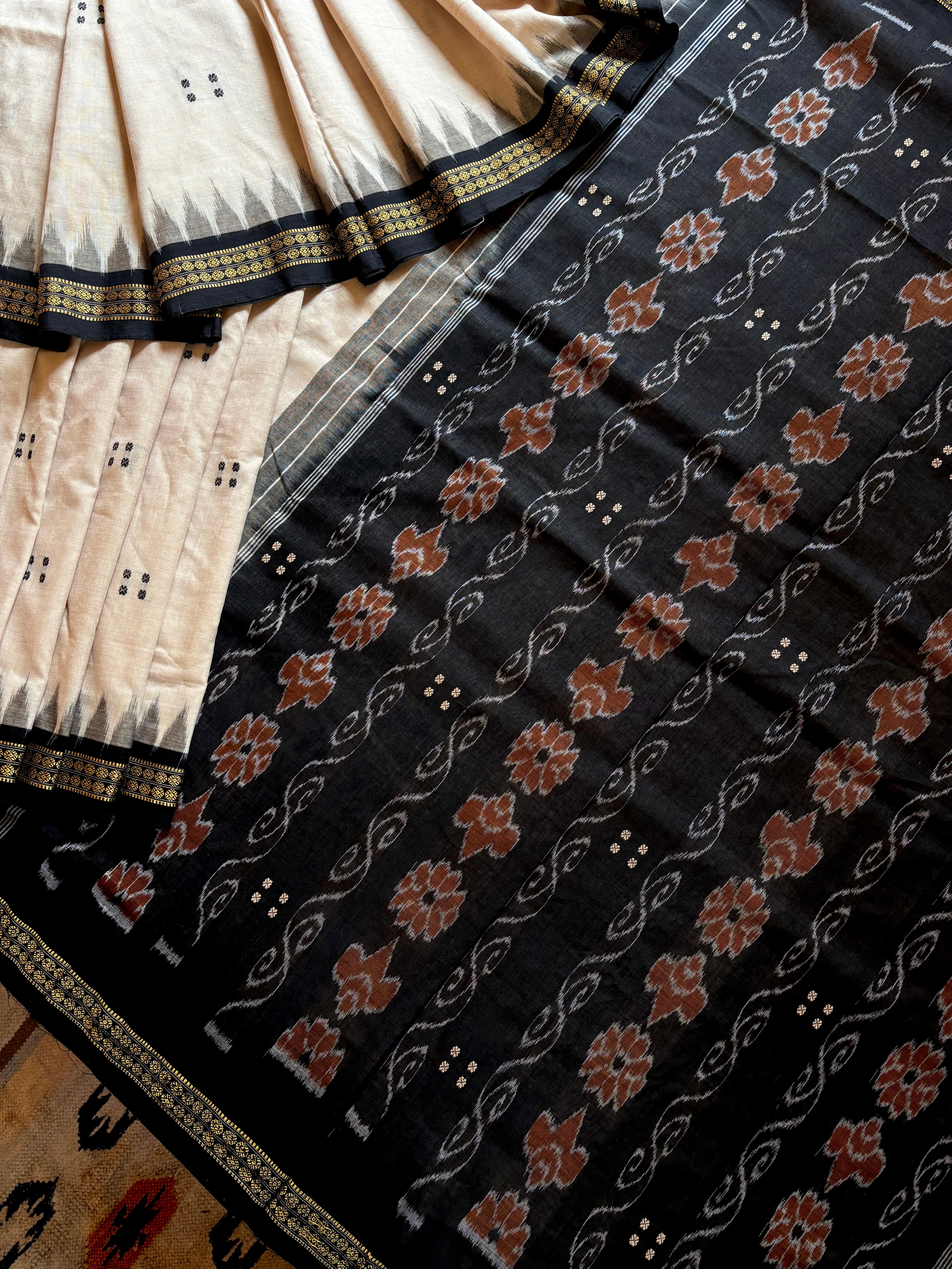 Handwoven Light Beige Black Odisha Cotton Ikkat Saree