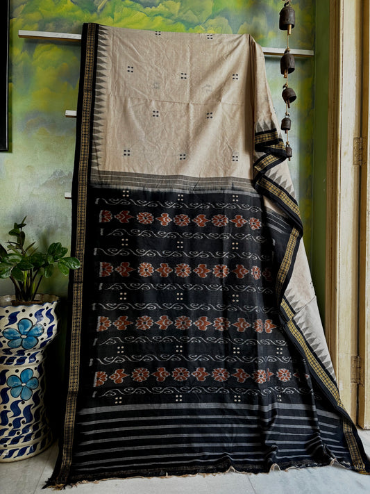 Handwoven Light Beige Black Odisha Cotton Ikkat Saree