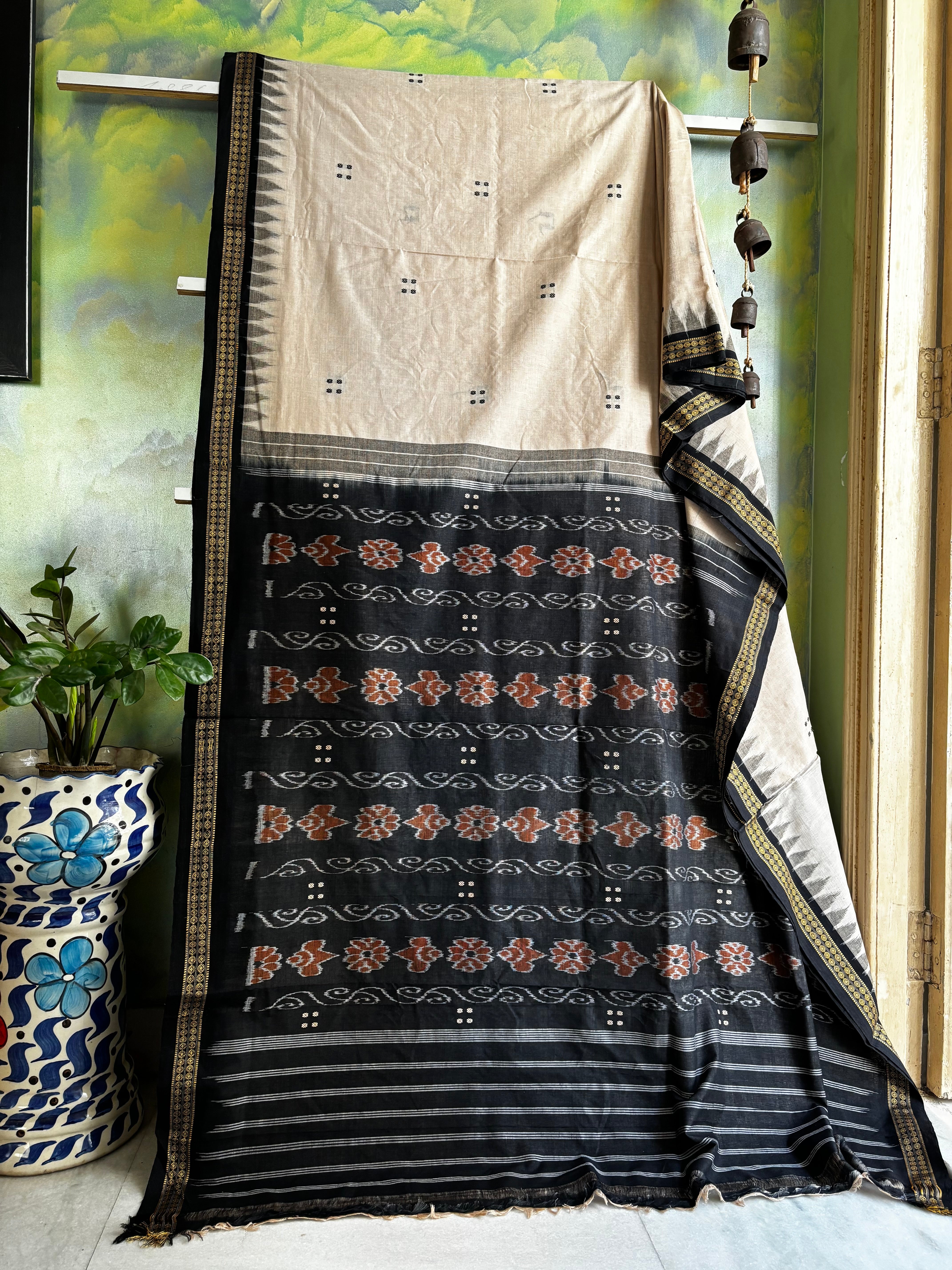 Handwoven Light Beige Black Odisha Cotton Ikkat Saree