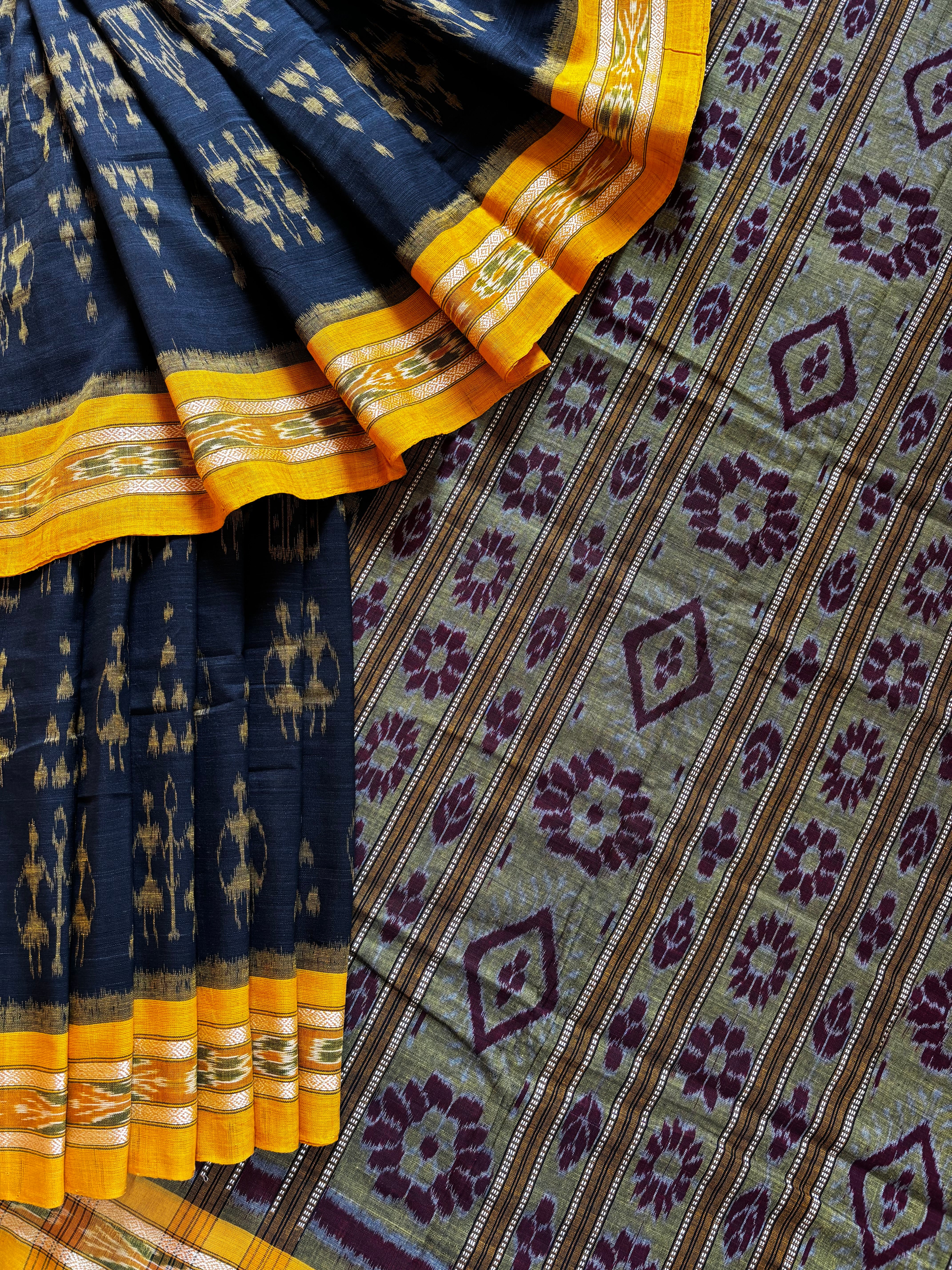 Handwoven Black Yellow Odisha Ikkat Cotton Saree