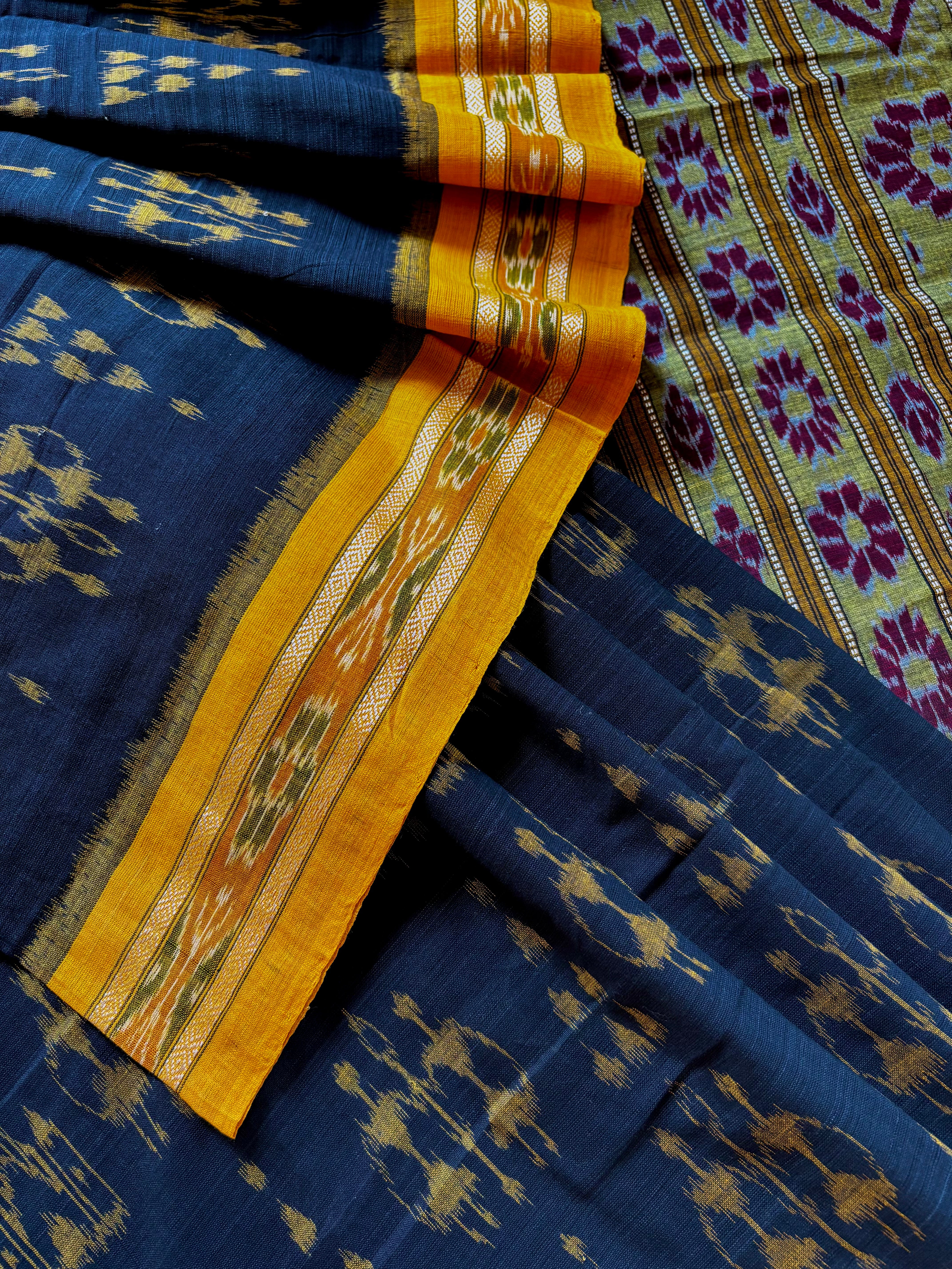 Handwoven Black Yellow Odisha Ikkat Cotton Saree
