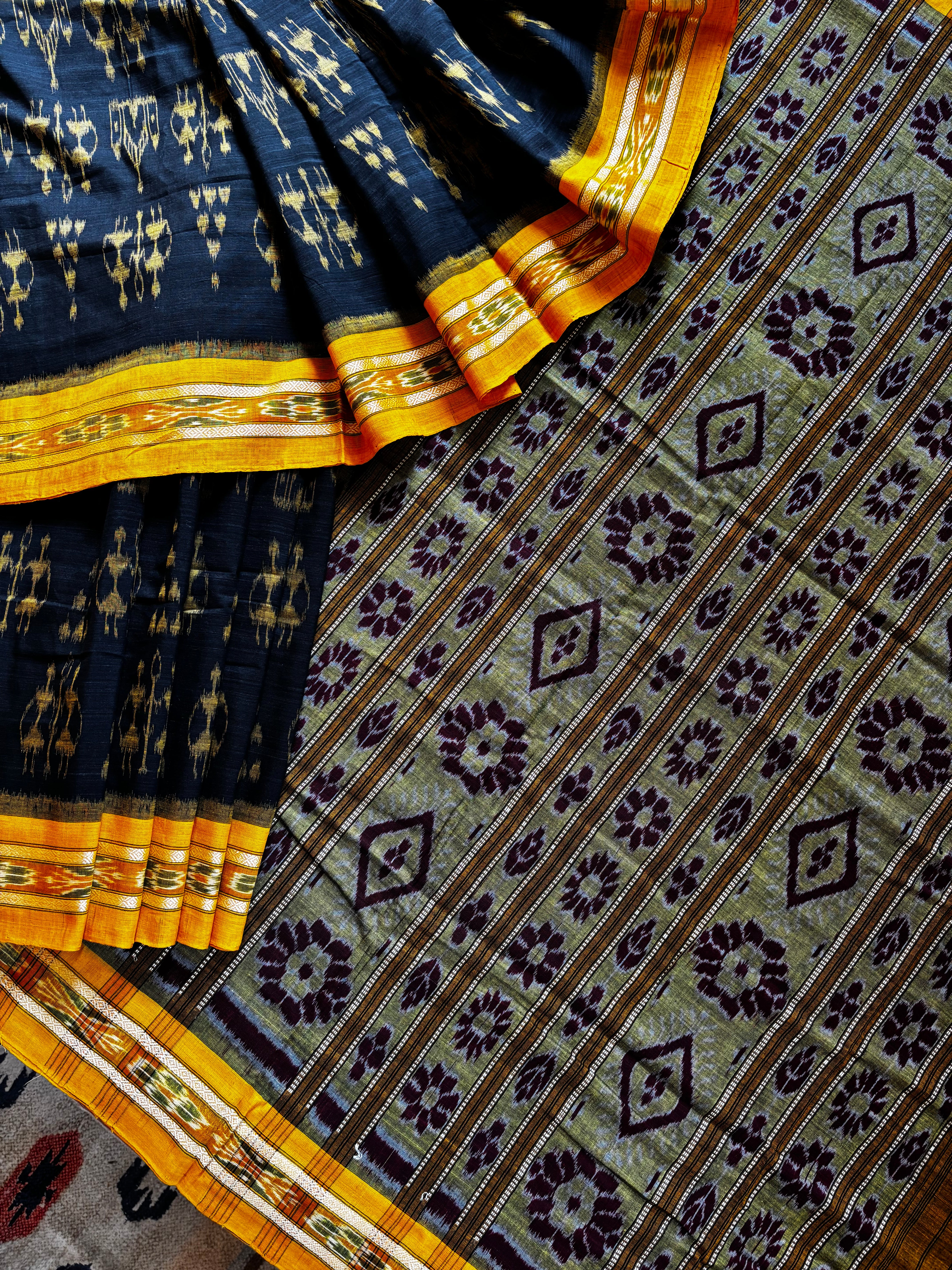 Handwoven Black Yellow Odisha Ikkat Cotton Saree