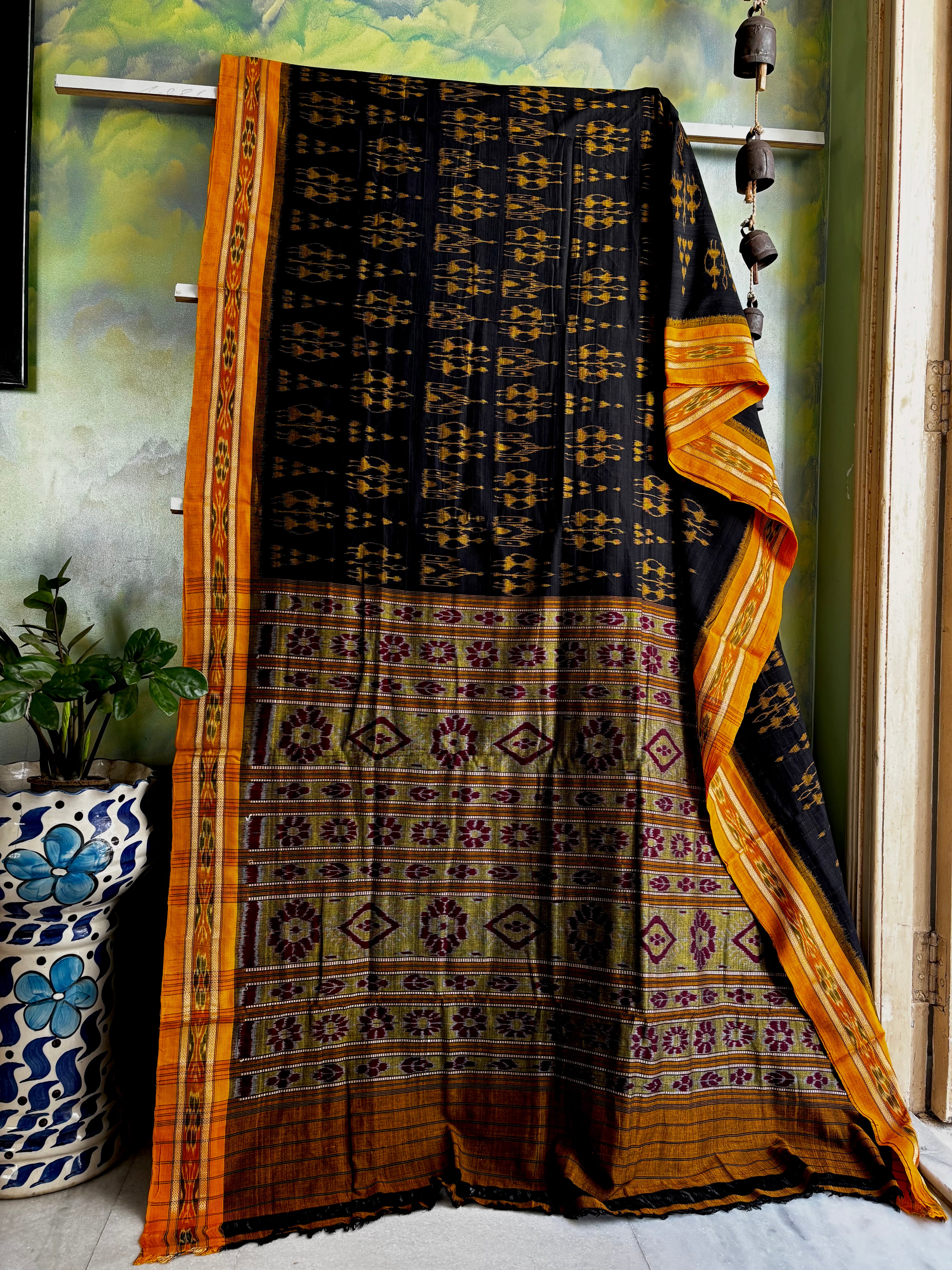 Handwoven Black Yellow Odisha Ikkat Cotton Saree