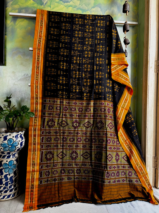 Handwoven Black Yellow Odisha Ikkat Cotton Saree