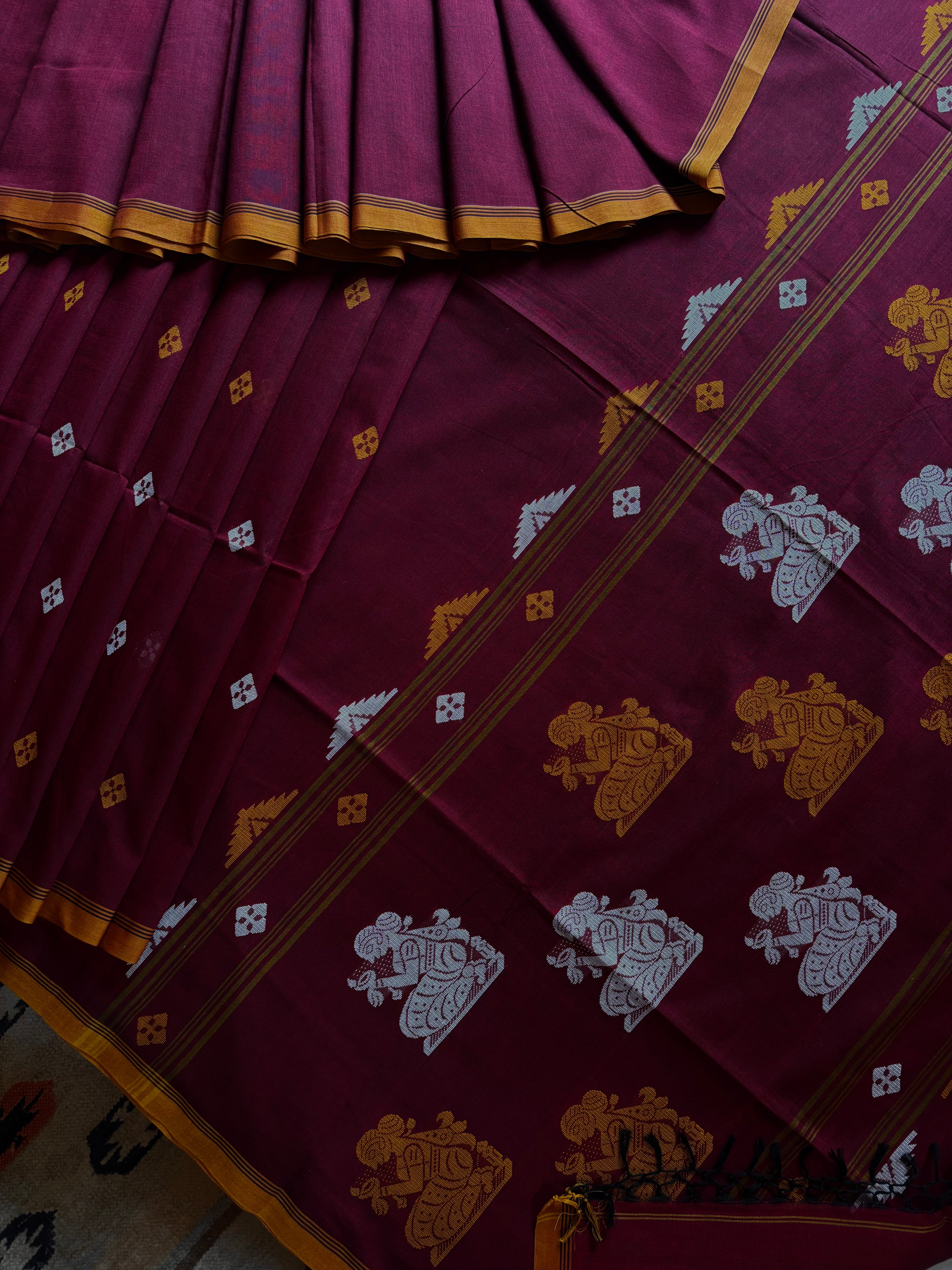 Handwoven Maroon Cotton Jamdani Saree