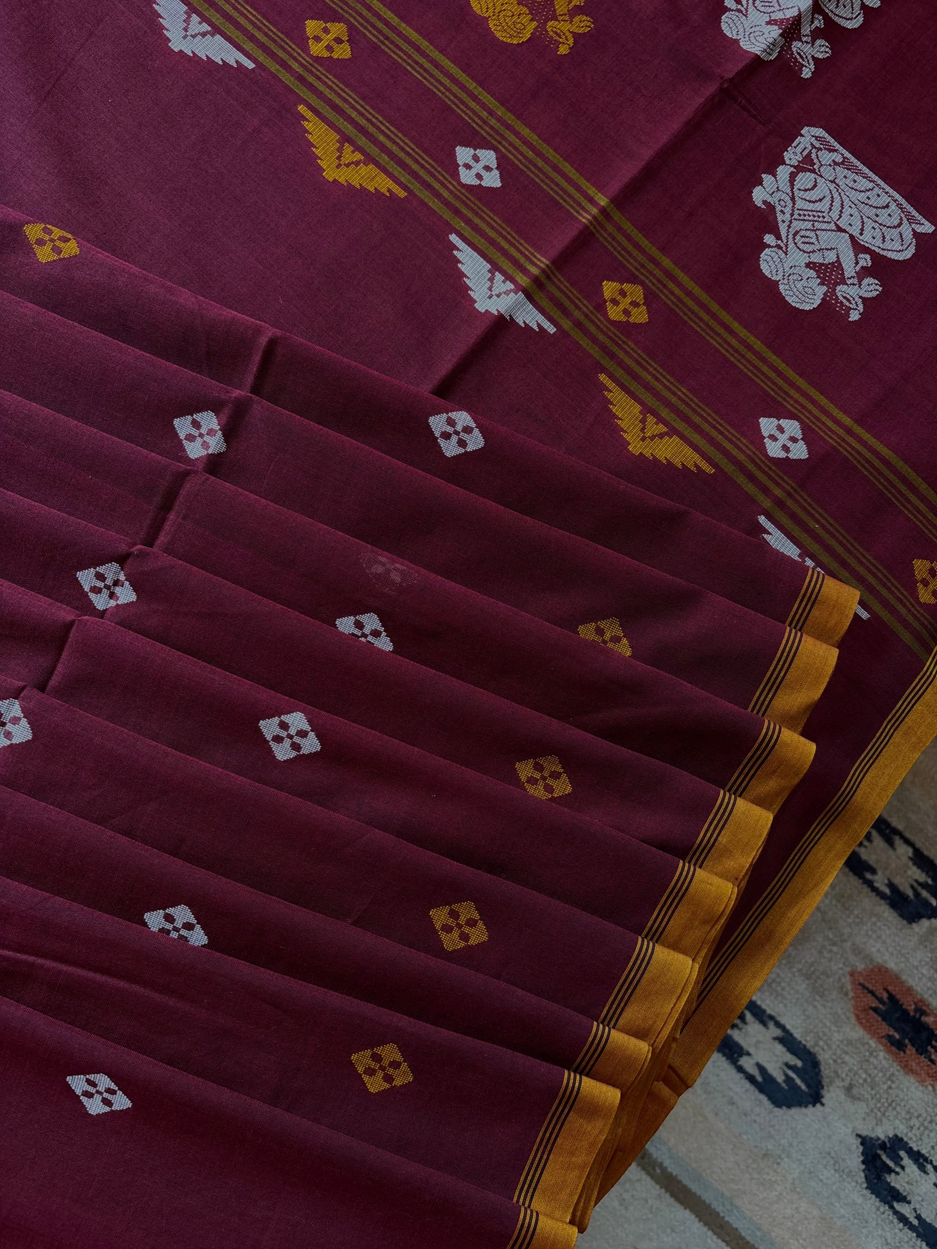 Handwoven Maroon Cotton Jamdani Saree