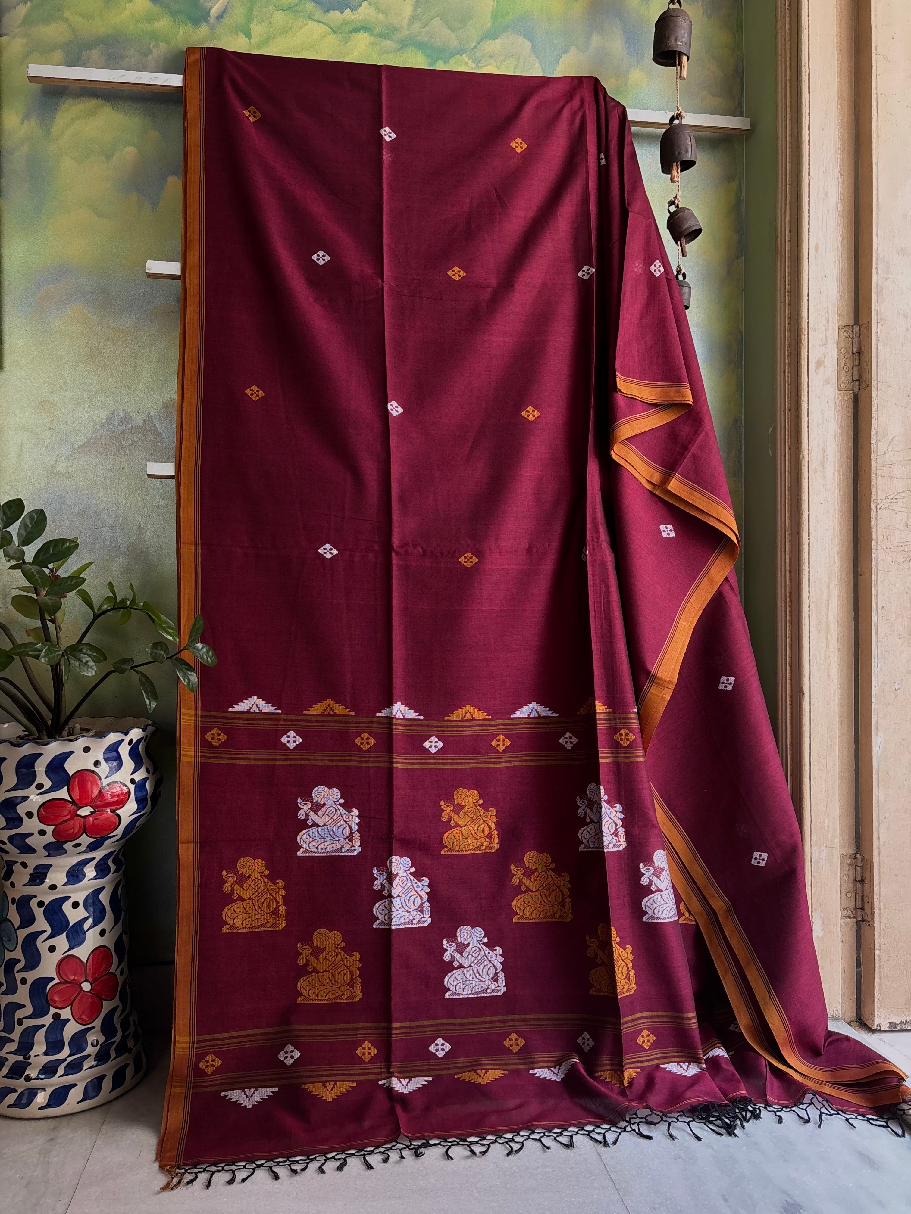 Handwoven Maroon Cotton Jamdani Saree
