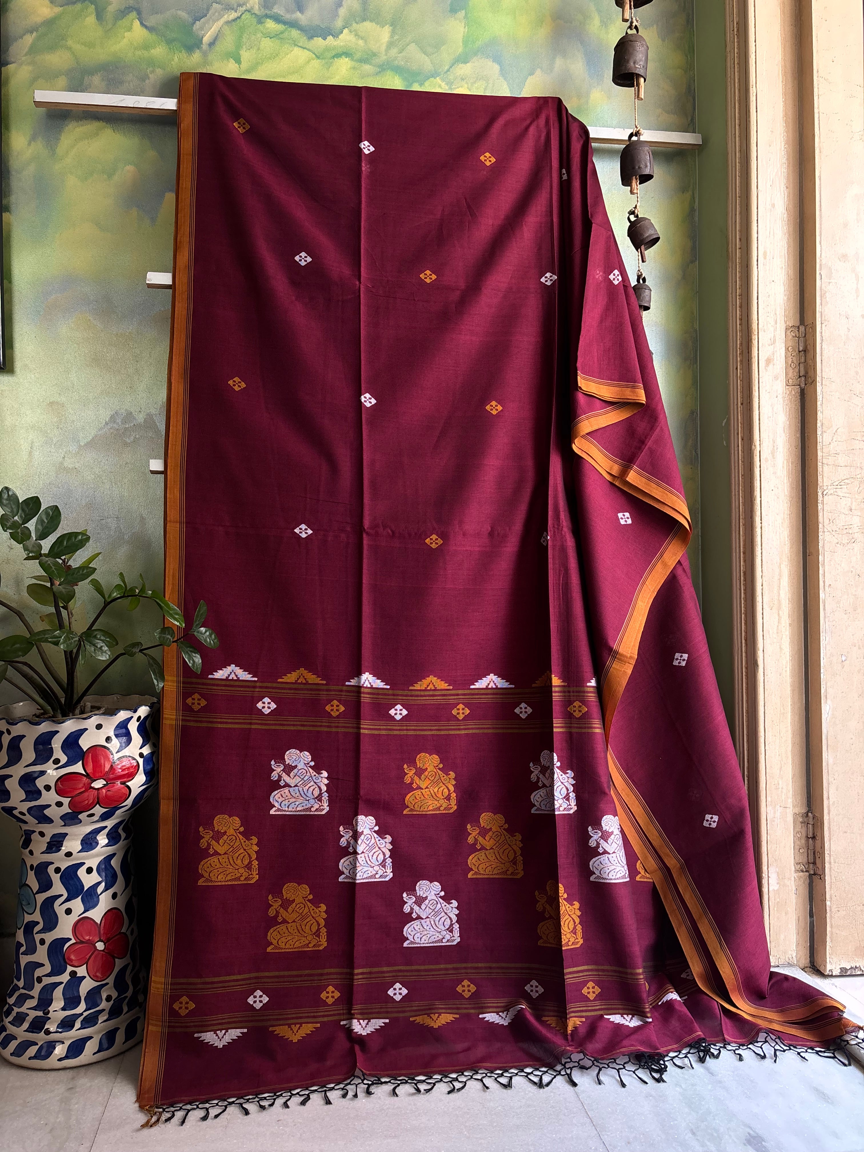 Handwoven Maroon Cotton Jamdani Saree