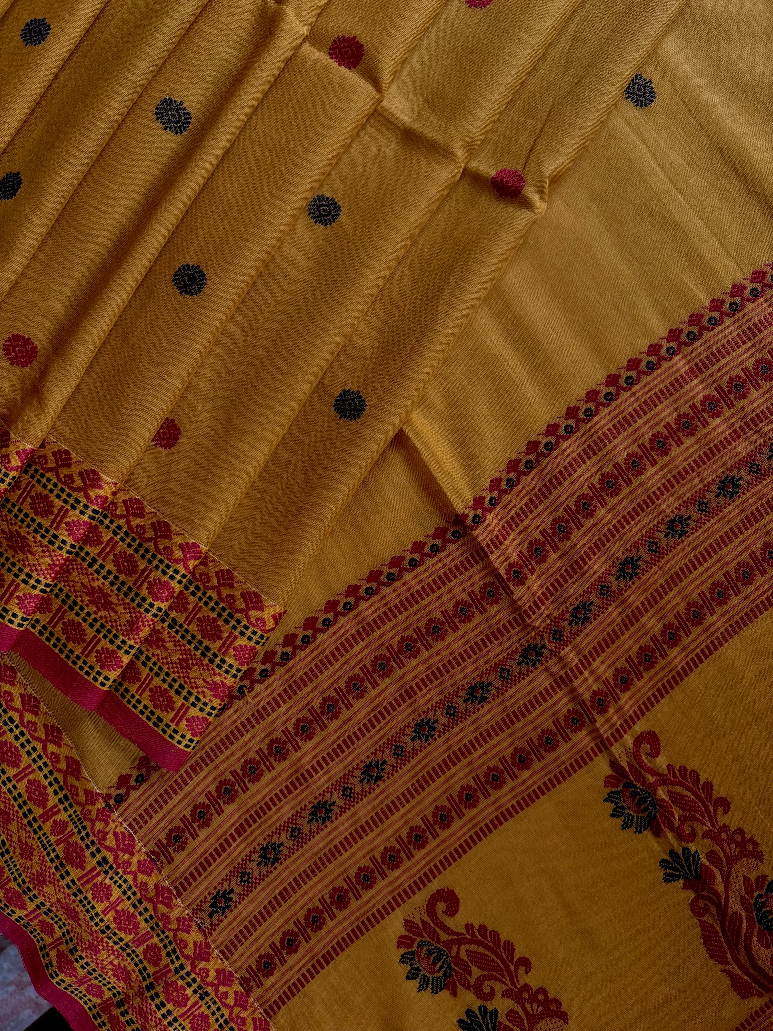 Handwoven Mustard Phulia Cotton Saree