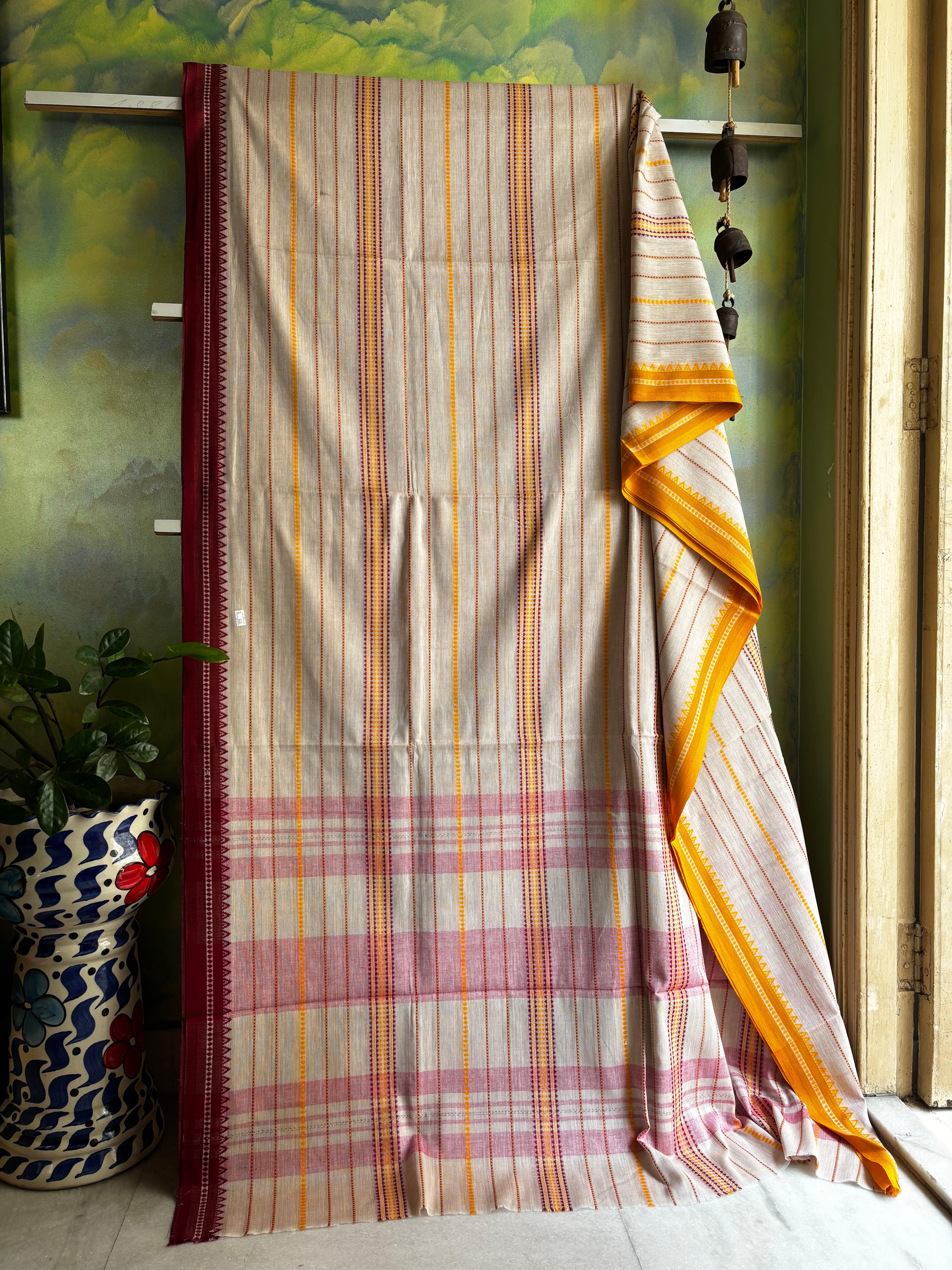 Handwoven Light Beige Colour Cotton Dhonekhali Saree