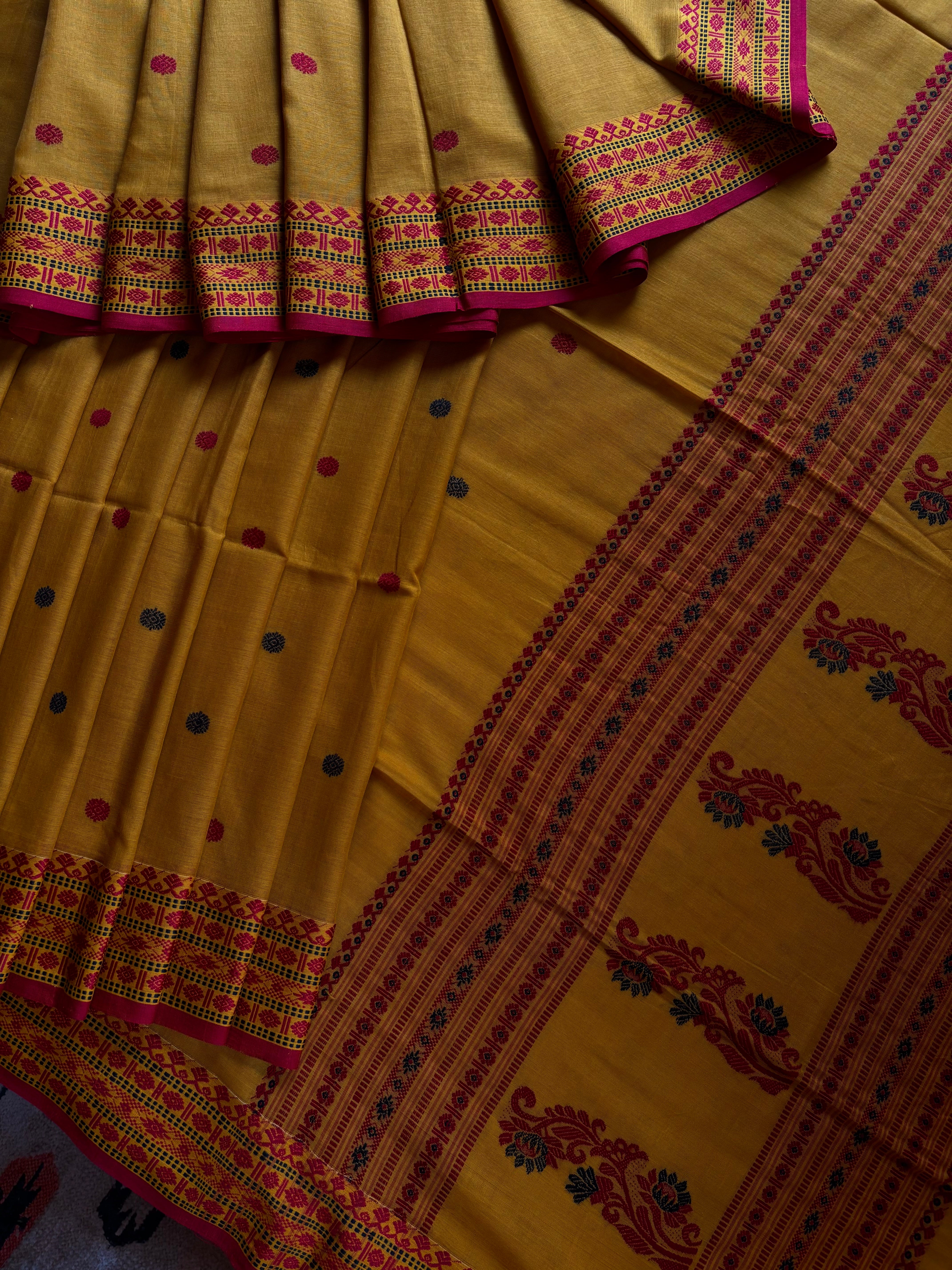 Handwoven Mustard Phulia Cotton Saree