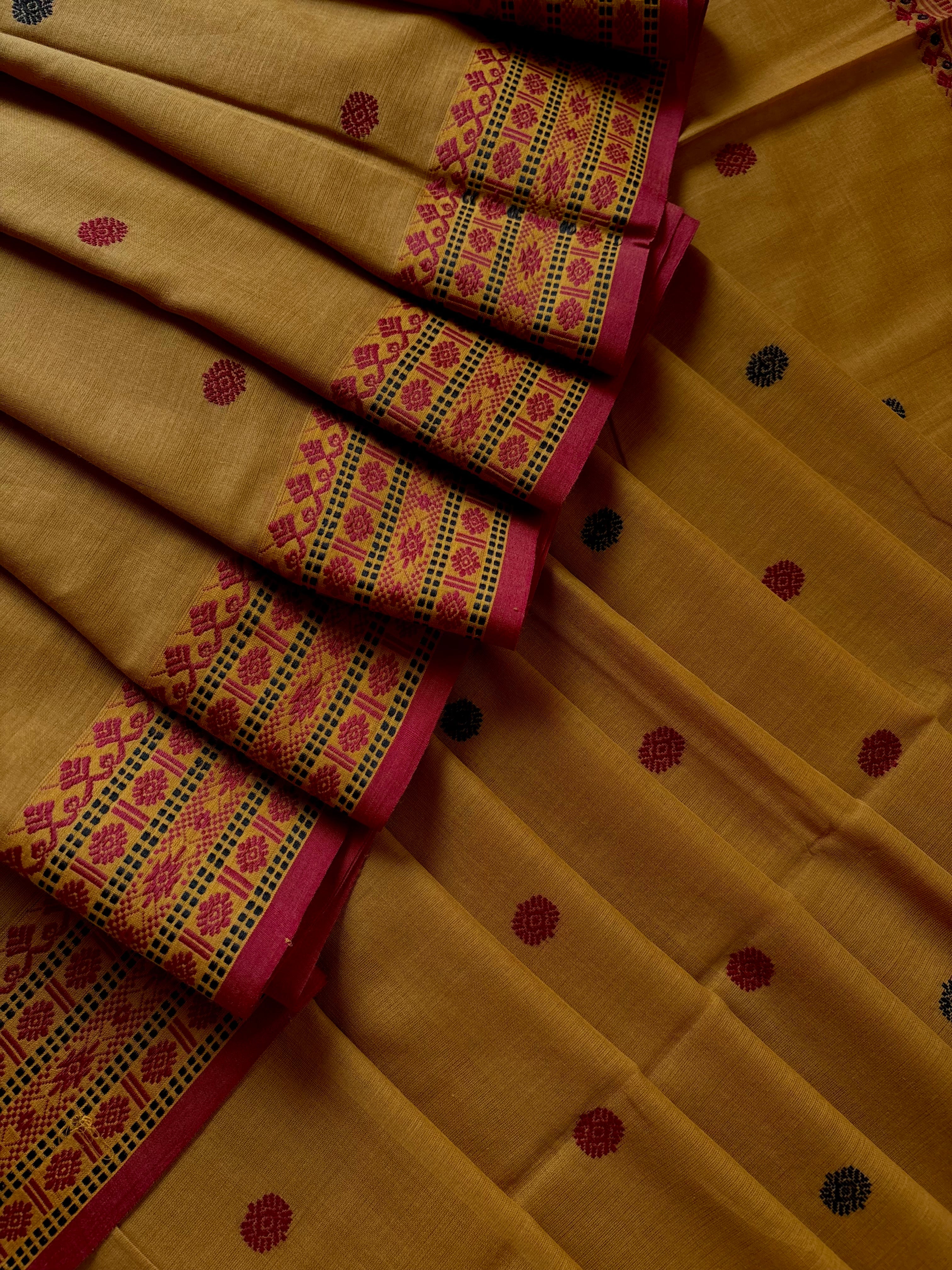 Handwoven Mustard Phulia Cotton Saree