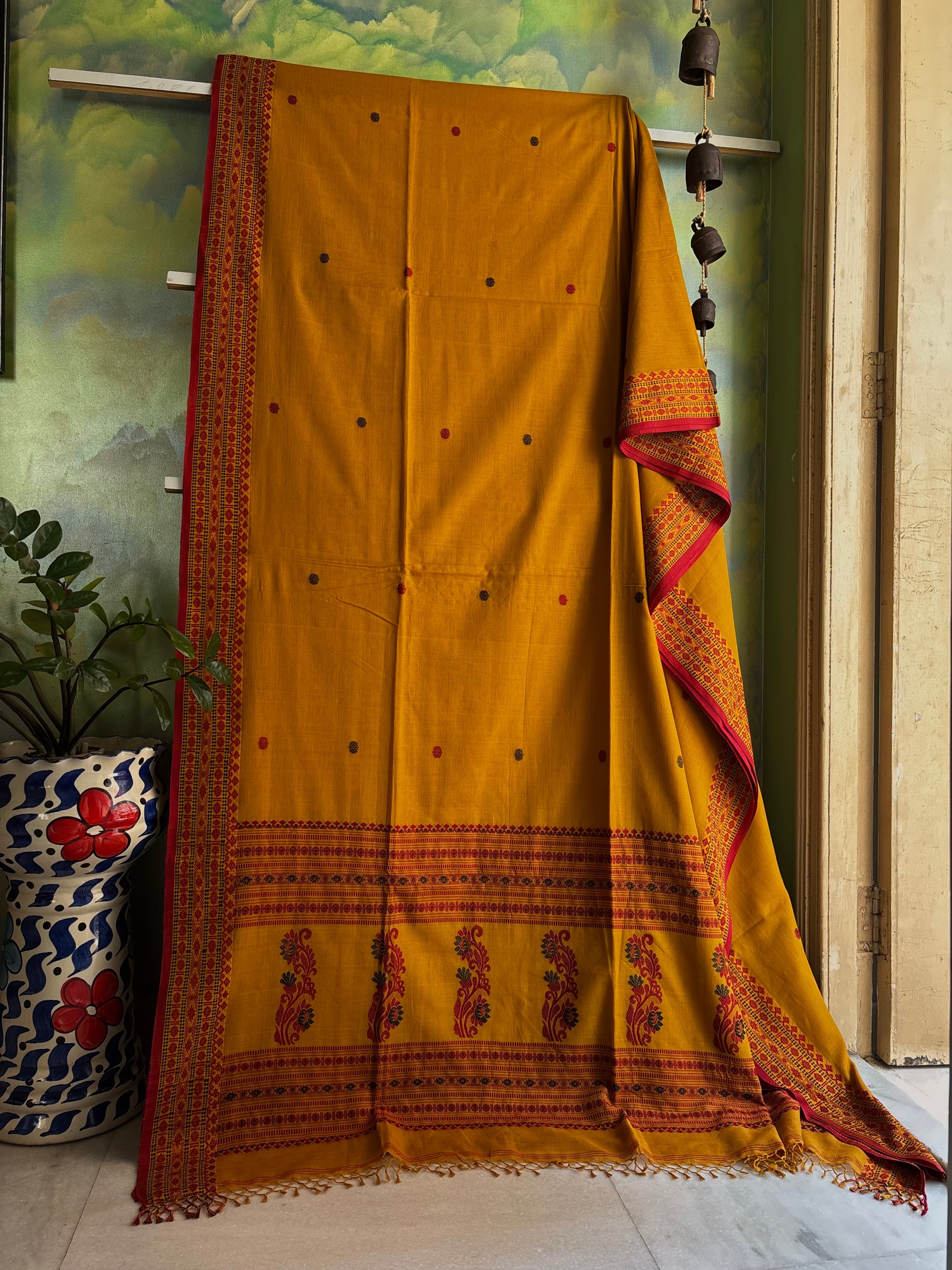 Handwoven Mustard Phulia Cotton Saree