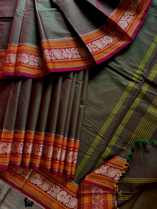 Dual toned Green Colour Pure Cotton Kanchi Saree