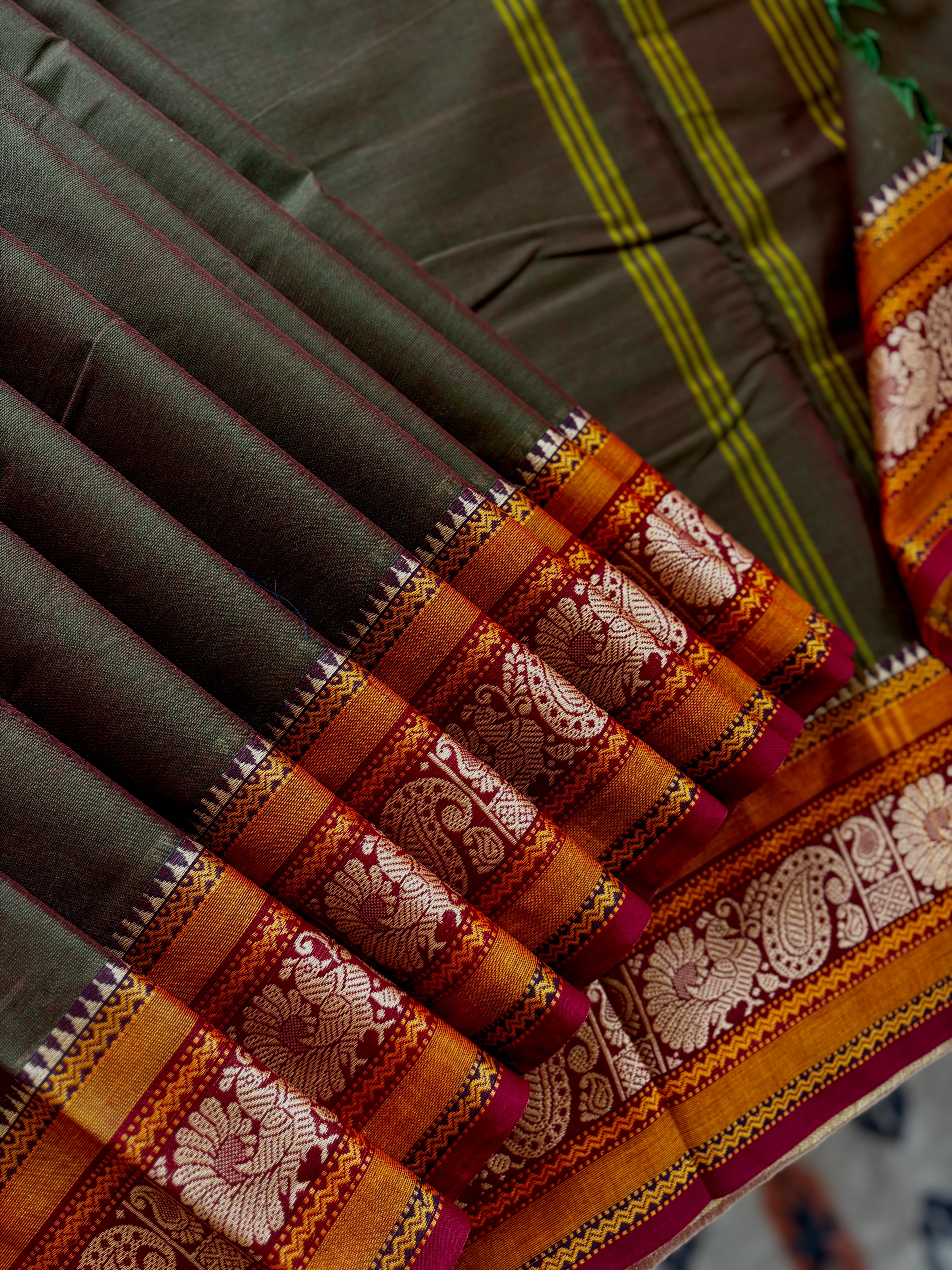 Dual toned Green Colour Pure Cotton Kanchi Saree