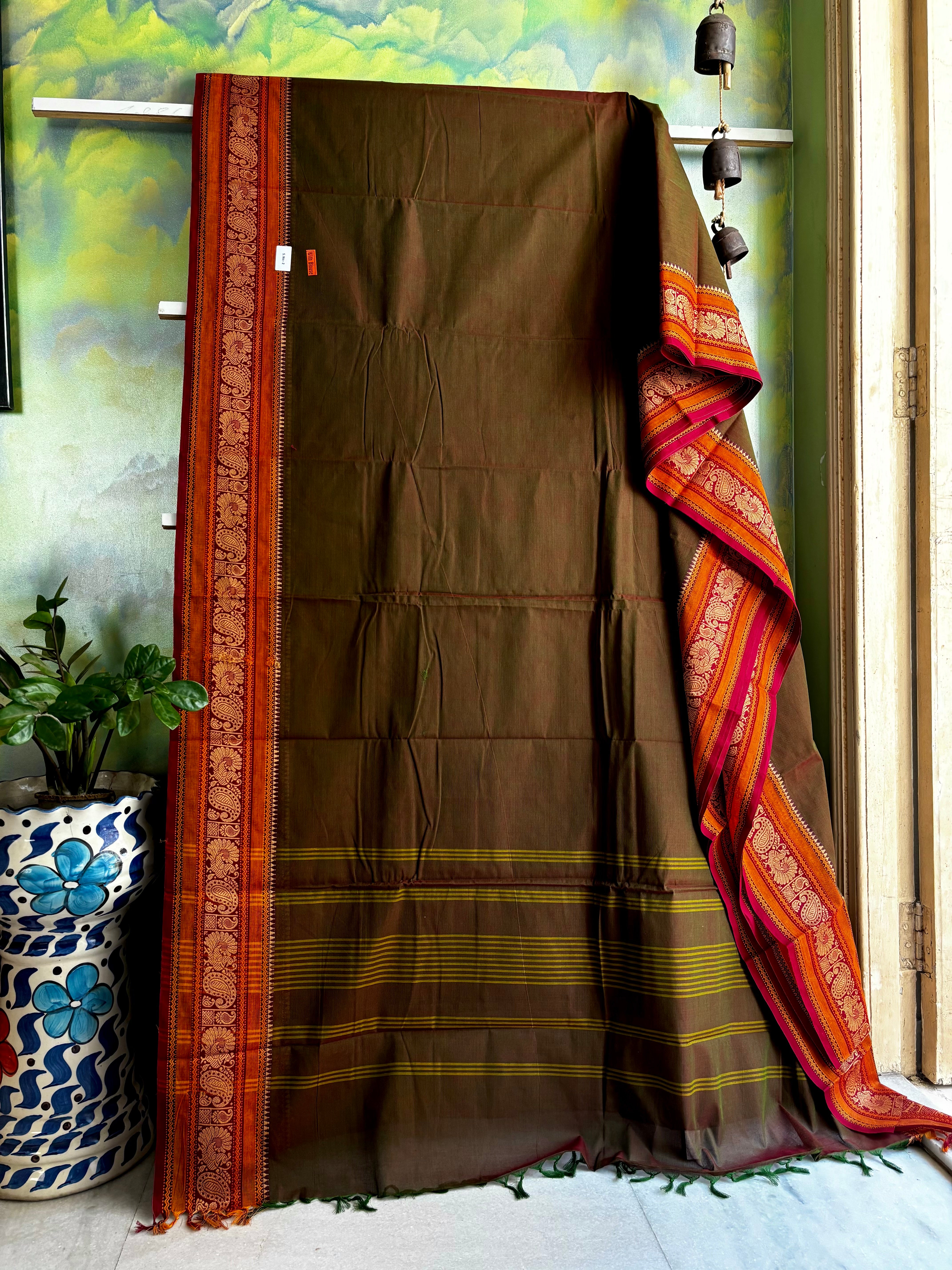 Dual toned Green Colour Pure Cotton Kanchi Saree