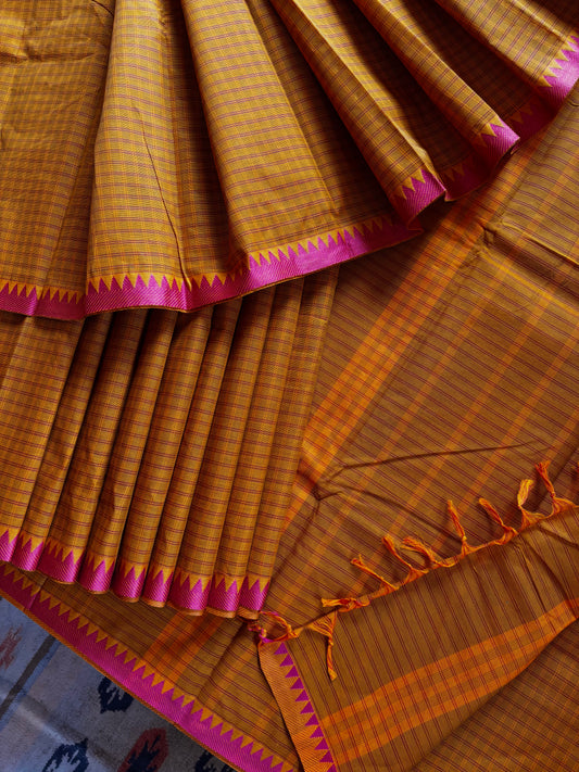 Mustard Orange Dual Toned Pure Cotton Kanchi Saree