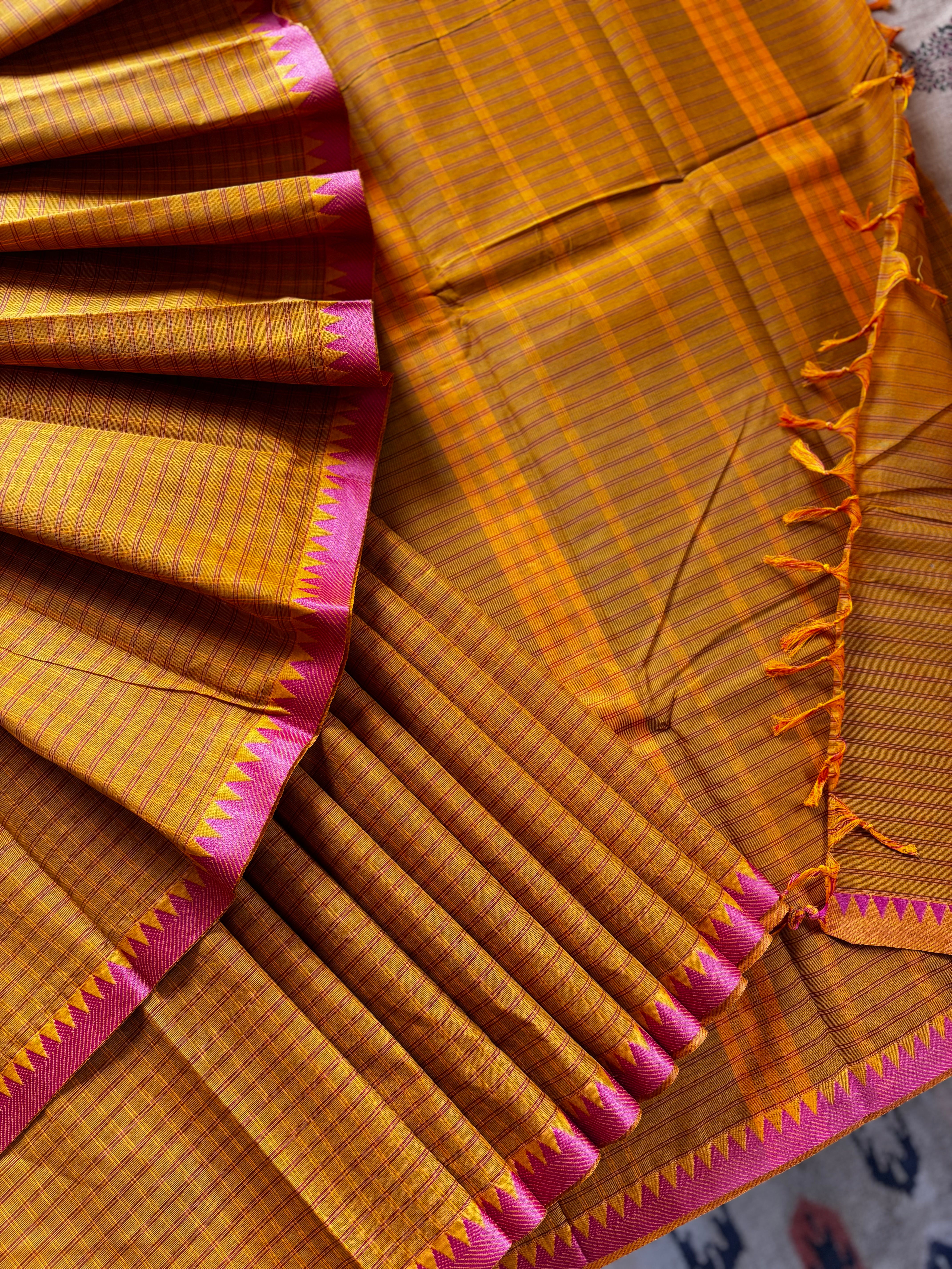 Mustard Orange Dual Toned Pure Cotton Kanchi Saree
