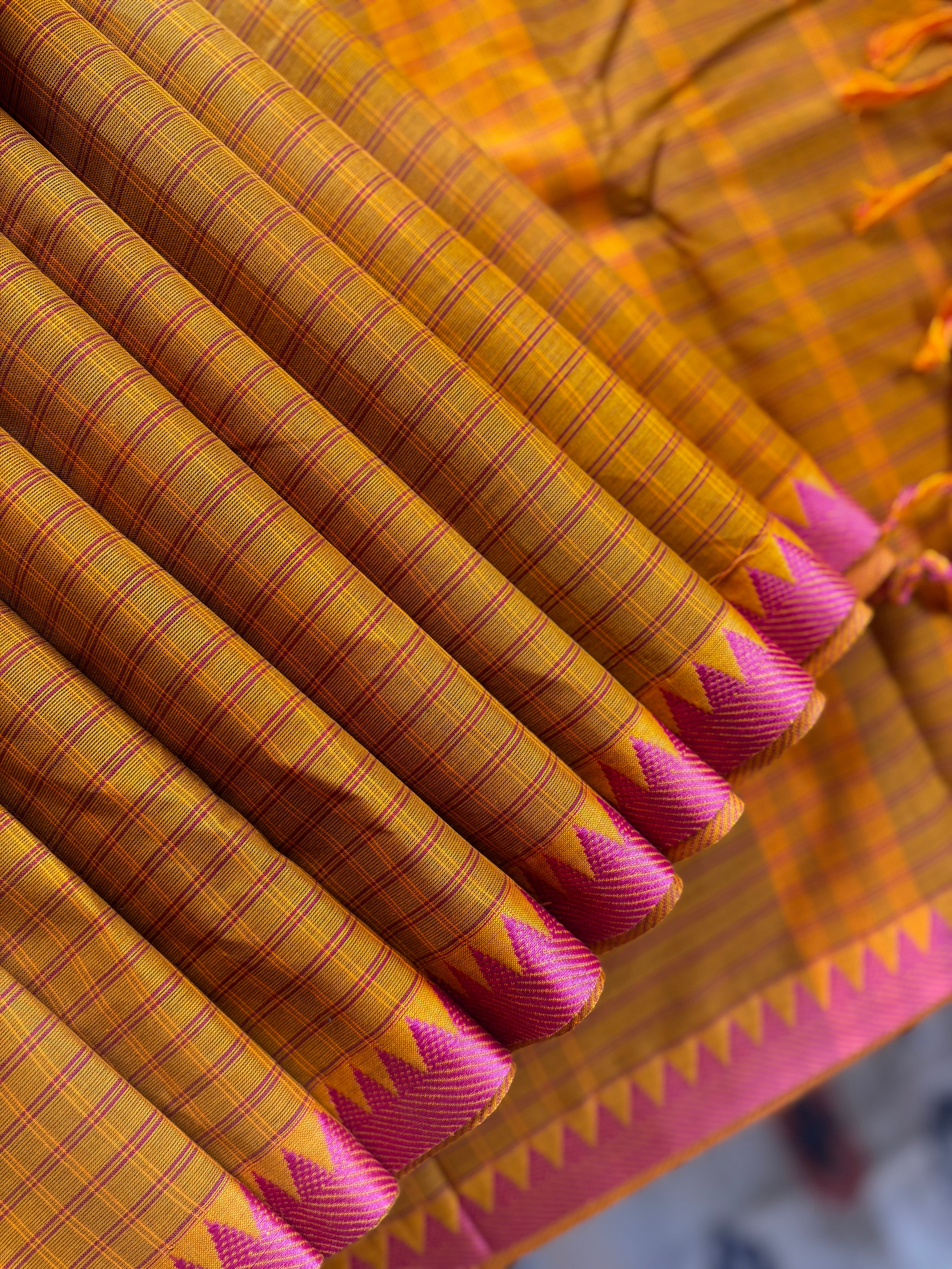 Mustard Orange Dual Toned Pure Cotton Kanchi Saree