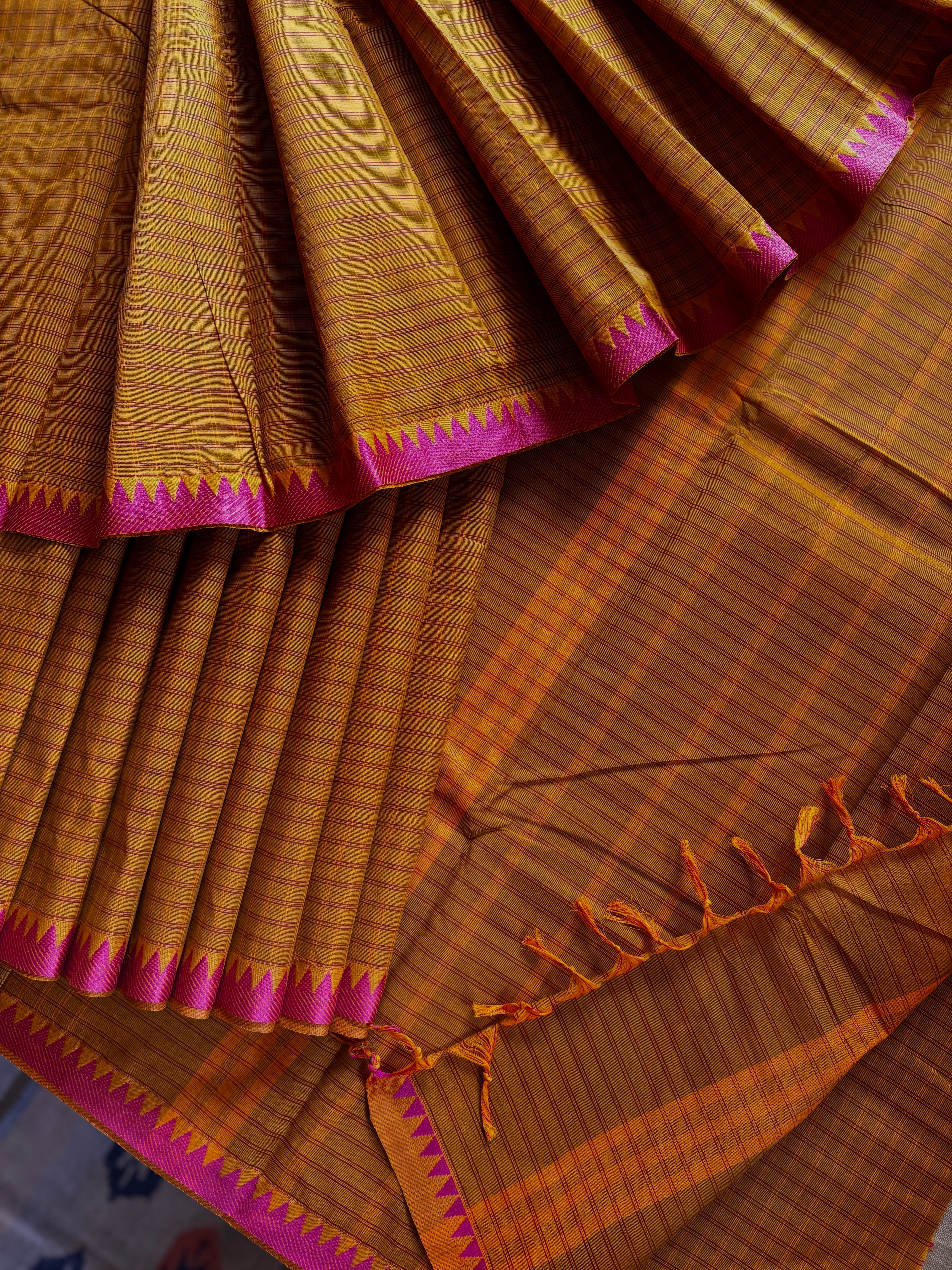 Mustard Orange Dual Toned Pure Cotton Kanchi Saree