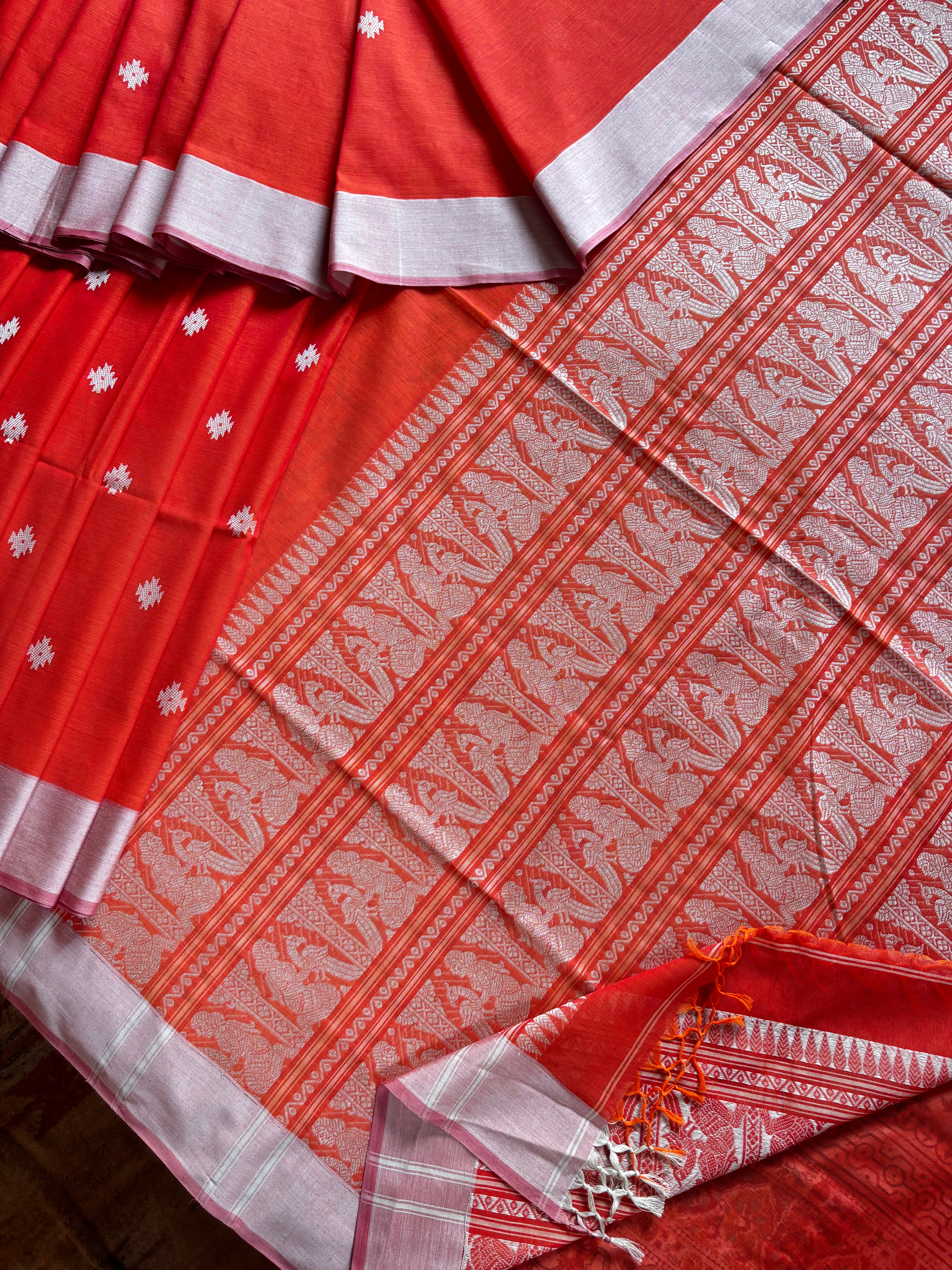 Handwoven Orange Colour Cotton Baluchari Saree