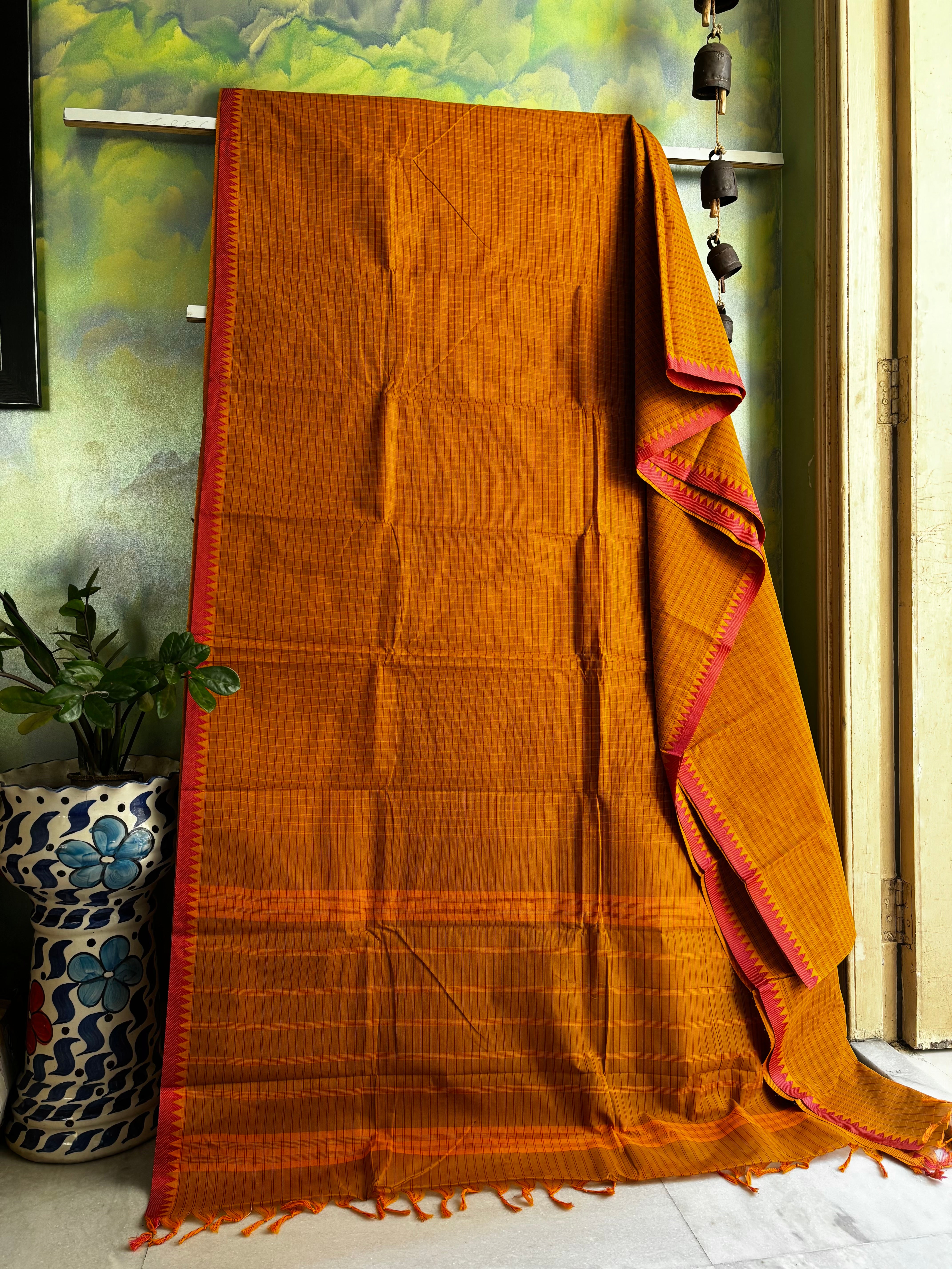 Mustard Orange Dual Toned Pure Cotton Kanchi Saree