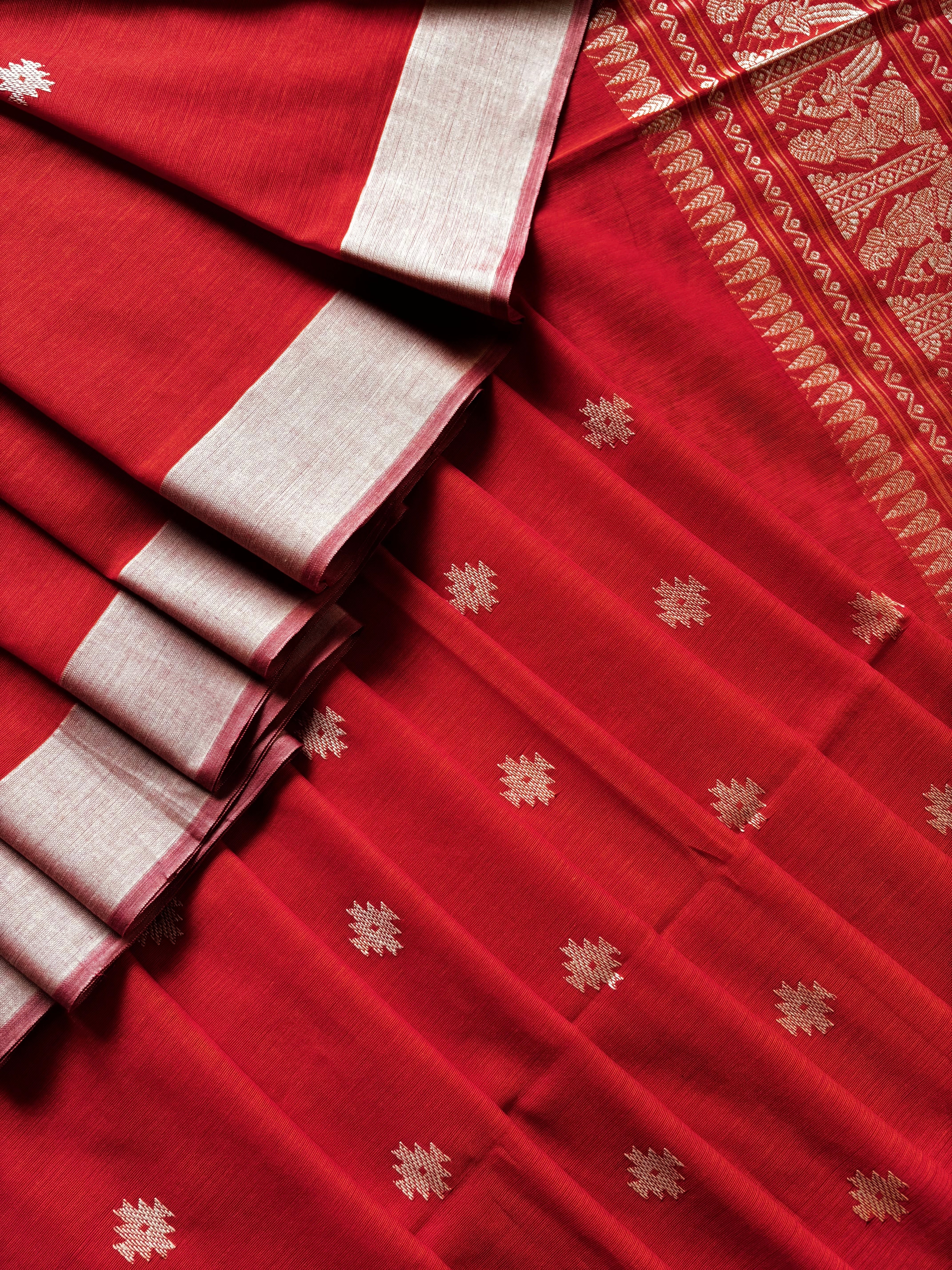 Handwoven Orange Colour Cotton Baluchari Saree