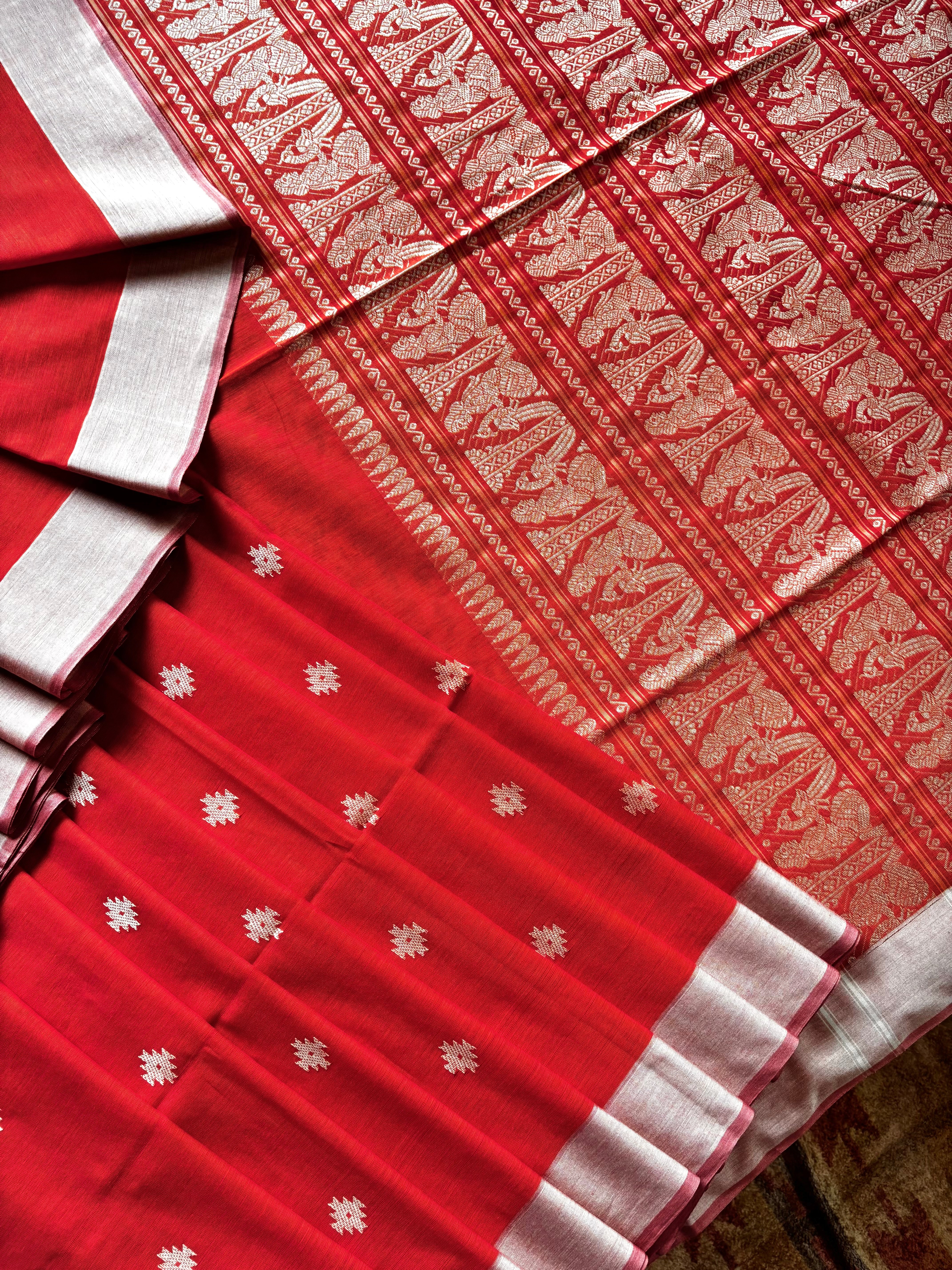 Handwoven Orange Colour Cotton Baluchari Saree