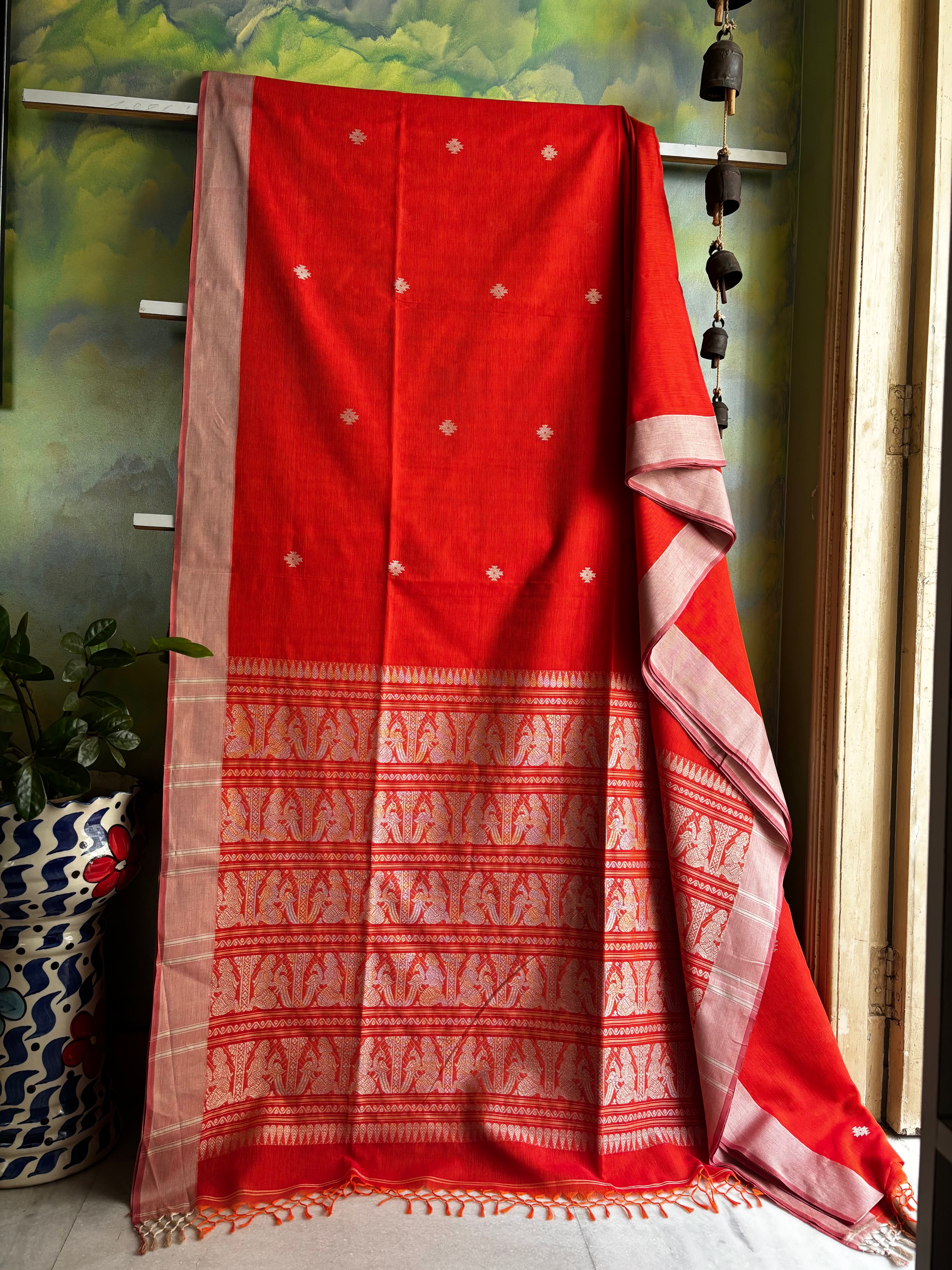 Handwoven Orange Colour Cotton Baluchari Saree