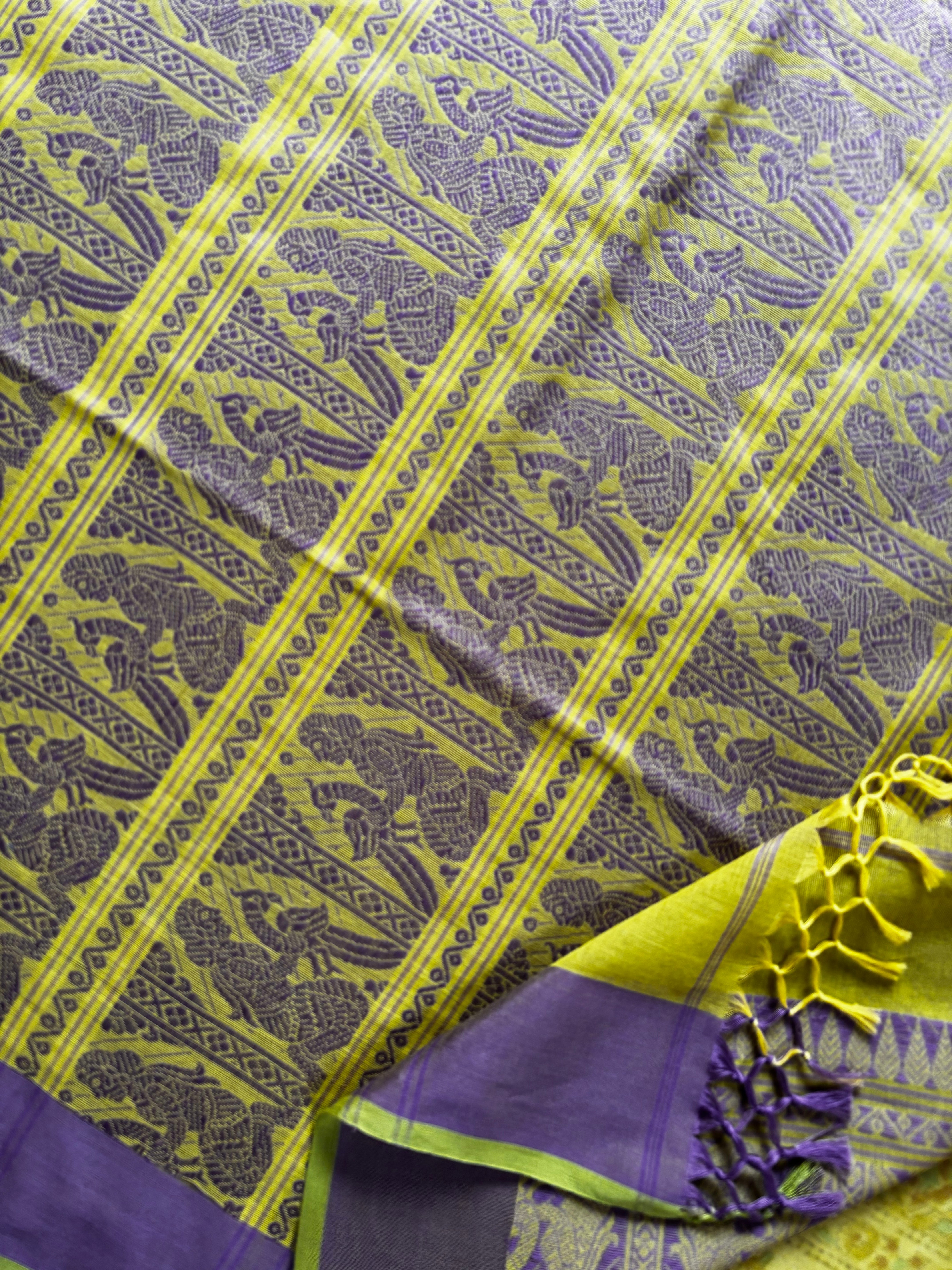 Handwoven Lime Green Cotton Baluchari Saree