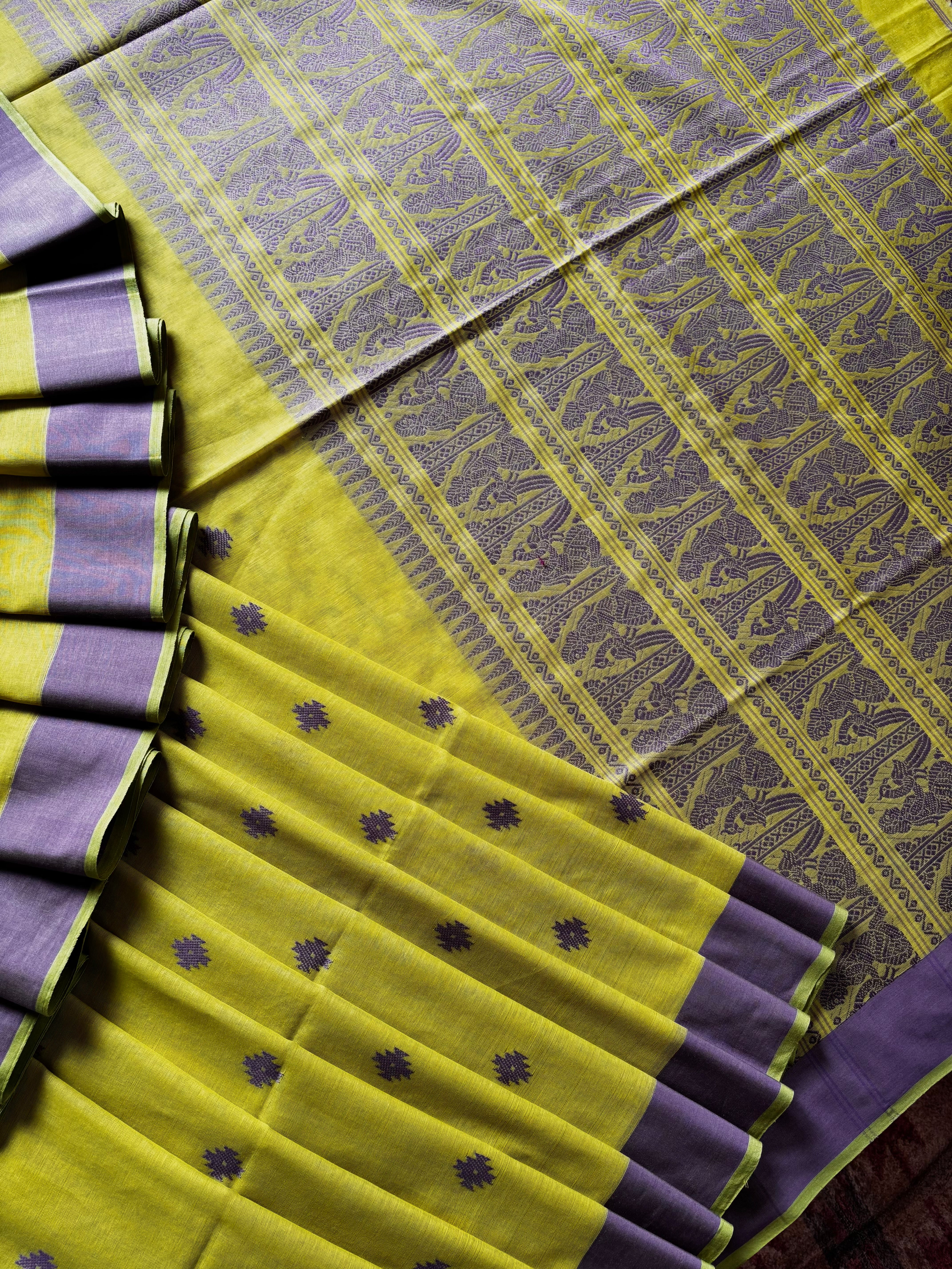 Handwoven Lime Green Cotton Baluchari Saree