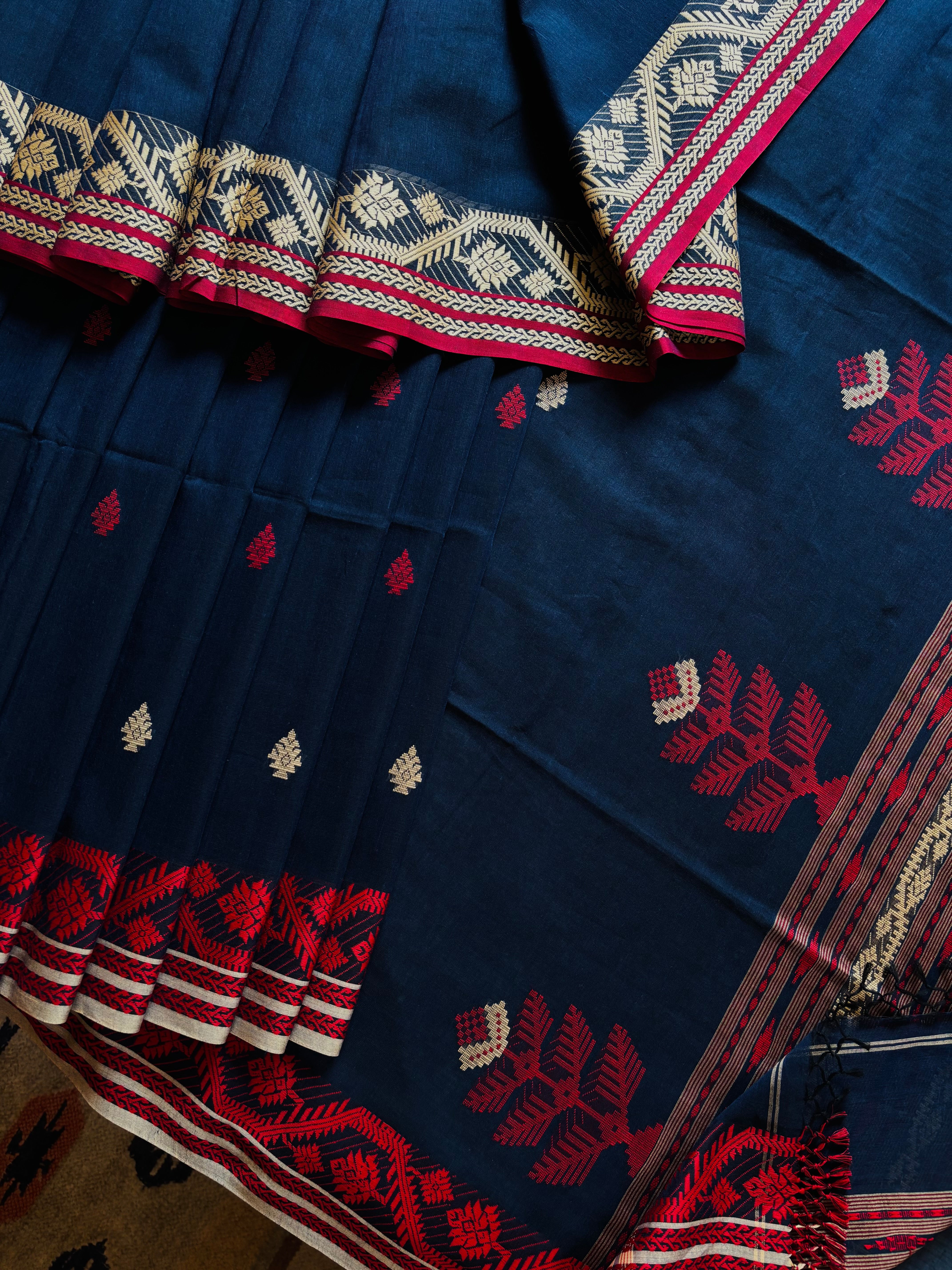 Handwoven Navy Phulia Cotton Saree