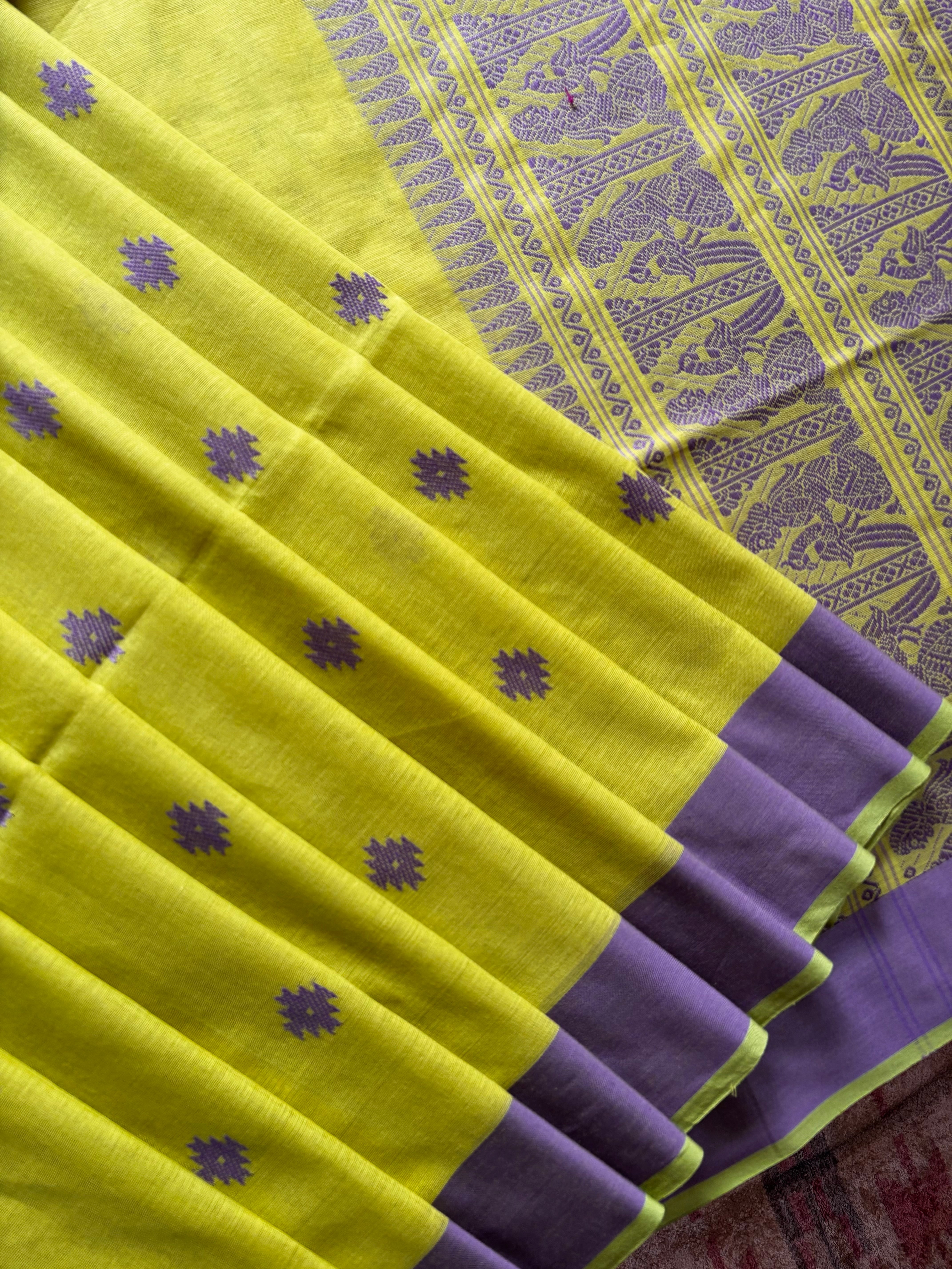 Handwoven Lime Green Cotton Baluchari Saree