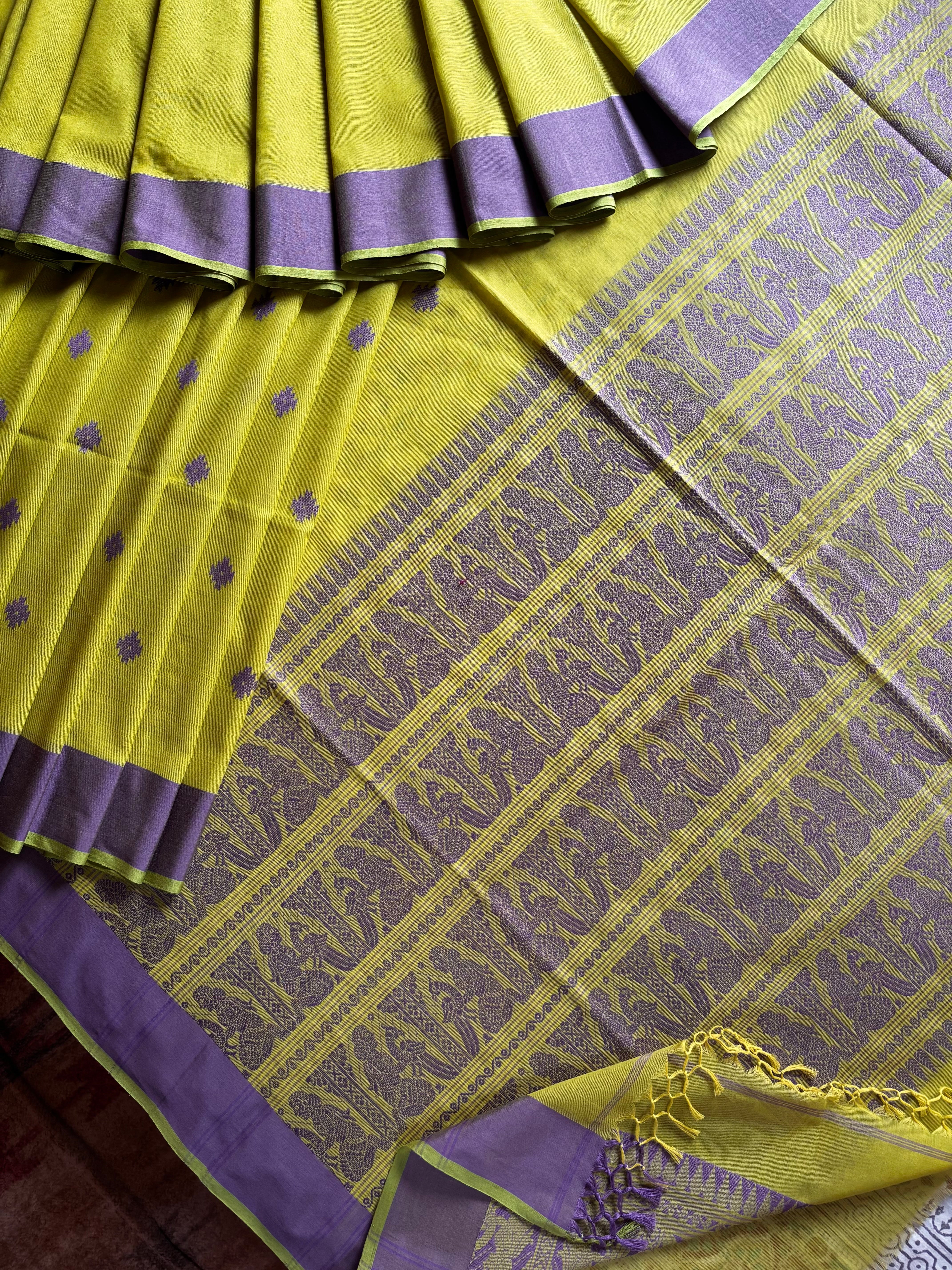 Handwoven Lime Green Cotton Baluchari Saree