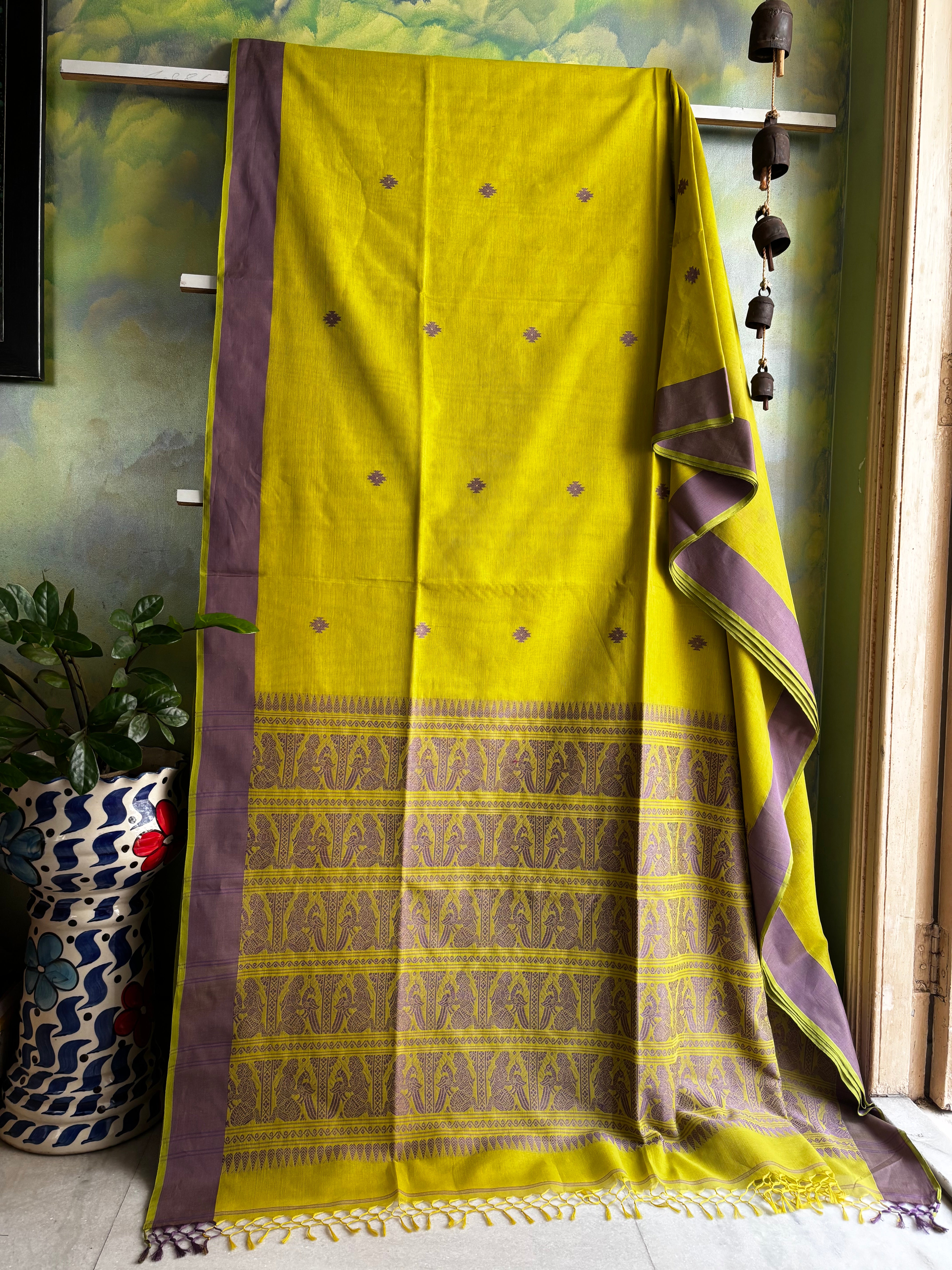Handwoven Lime Green Cotton Baluchari Saree