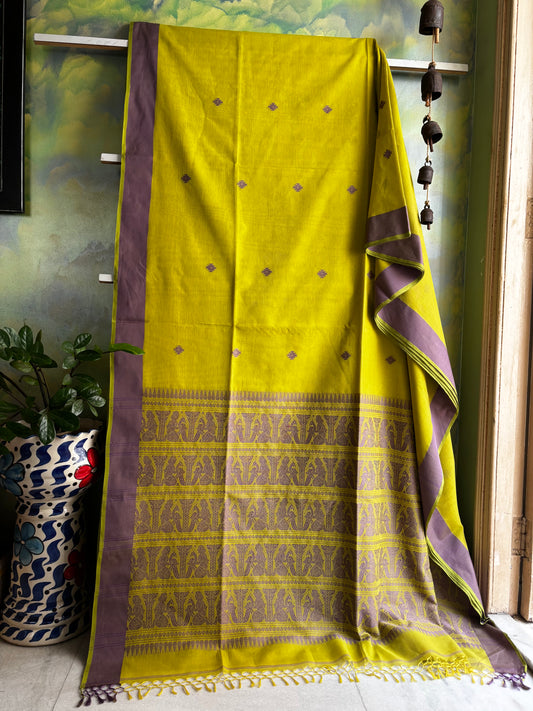 Handwoven Lime Green Cotton Baluchari Saree