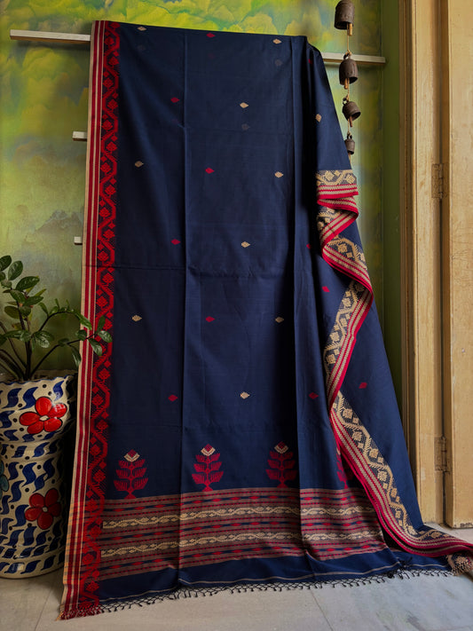Handwoven Navy Phulia Cotton Saree
