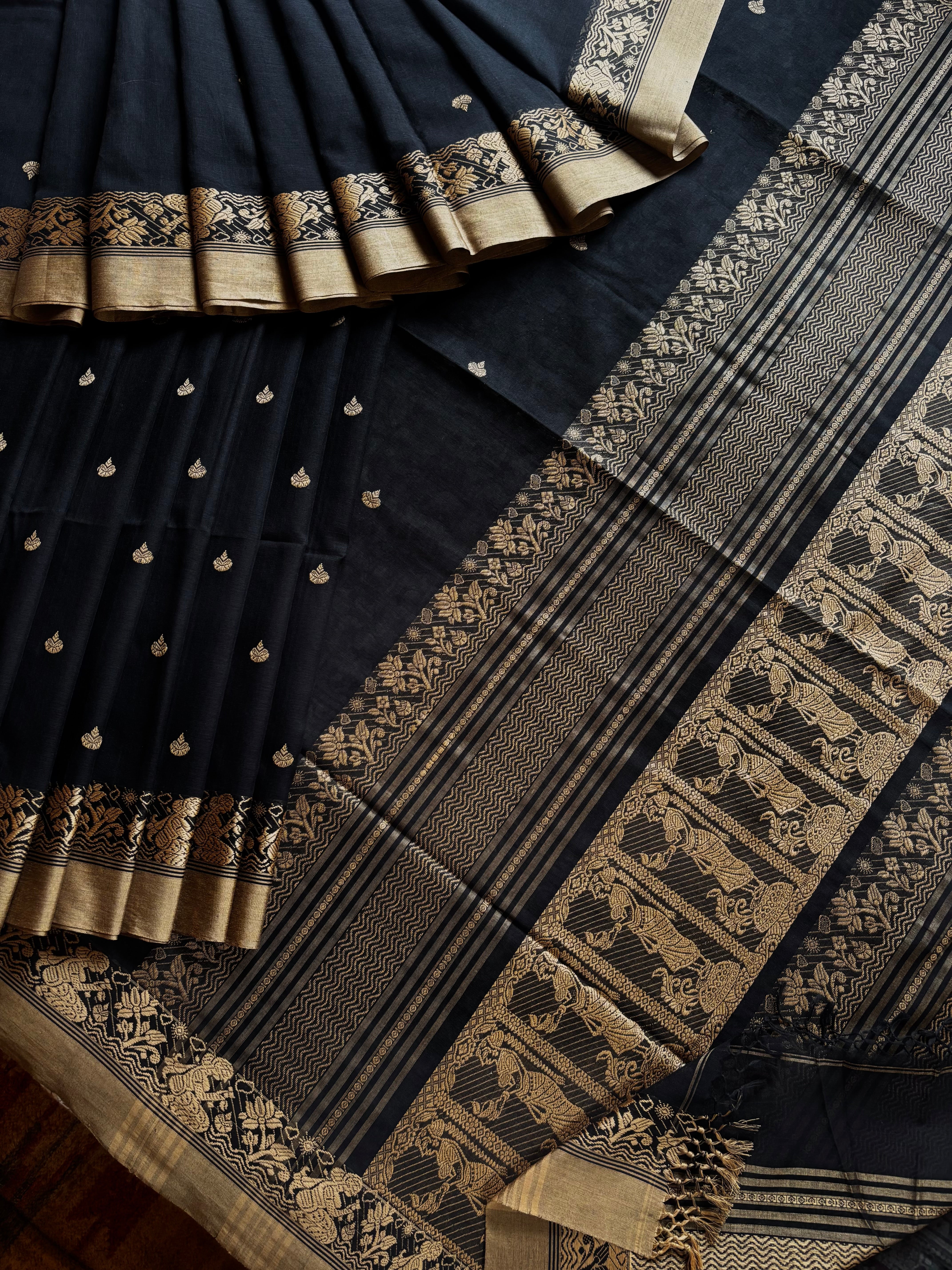 Handwoven Black Beige Cotton Baluchari Saree