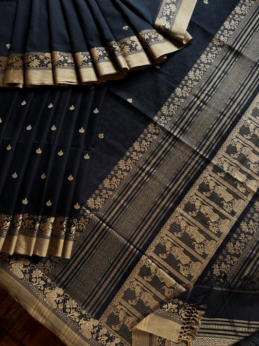 Handwoven Black Beige Cotton Baluchari Saree