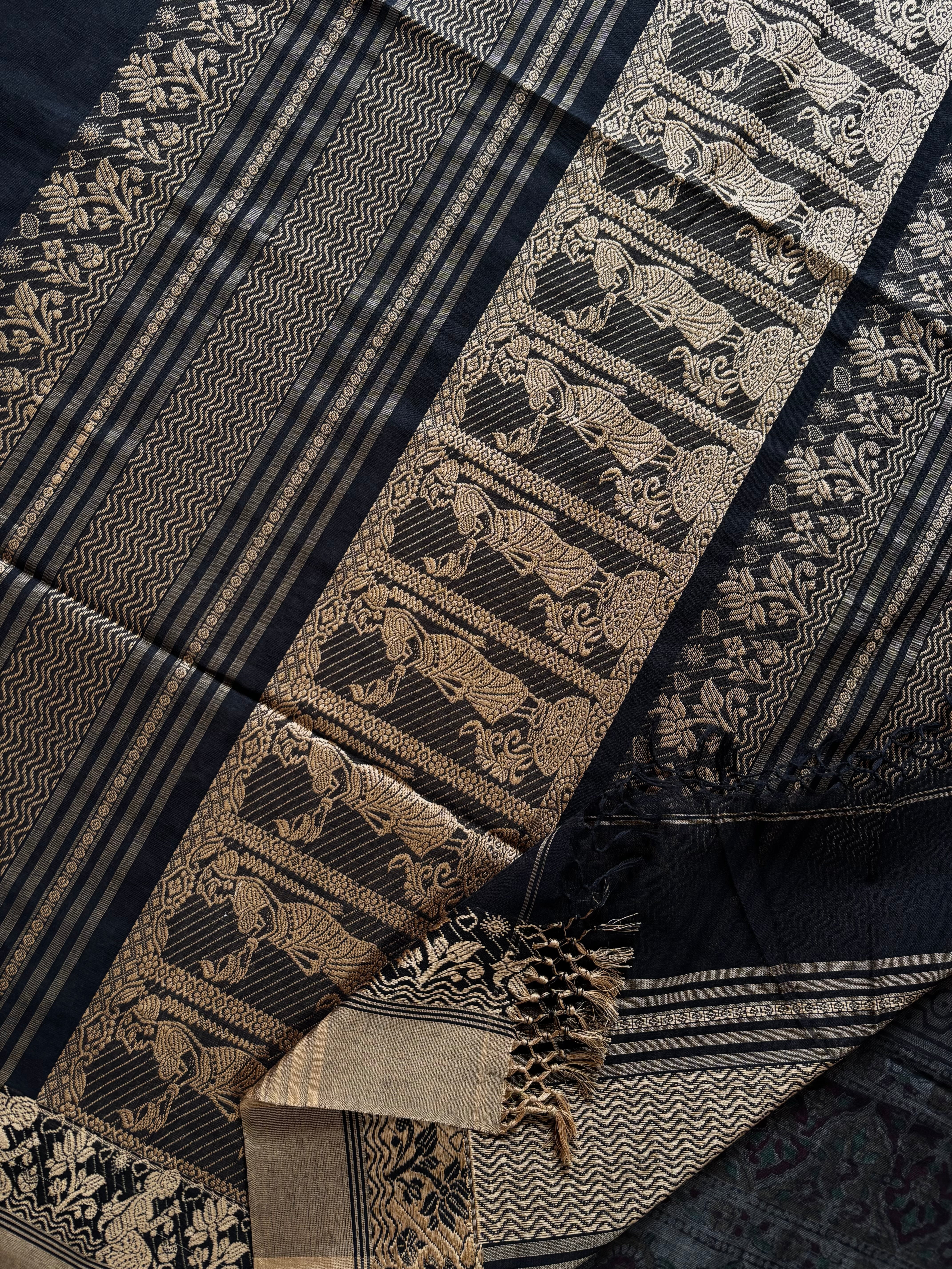 Handwoven Black Beige Cotton Baluchari Saree
