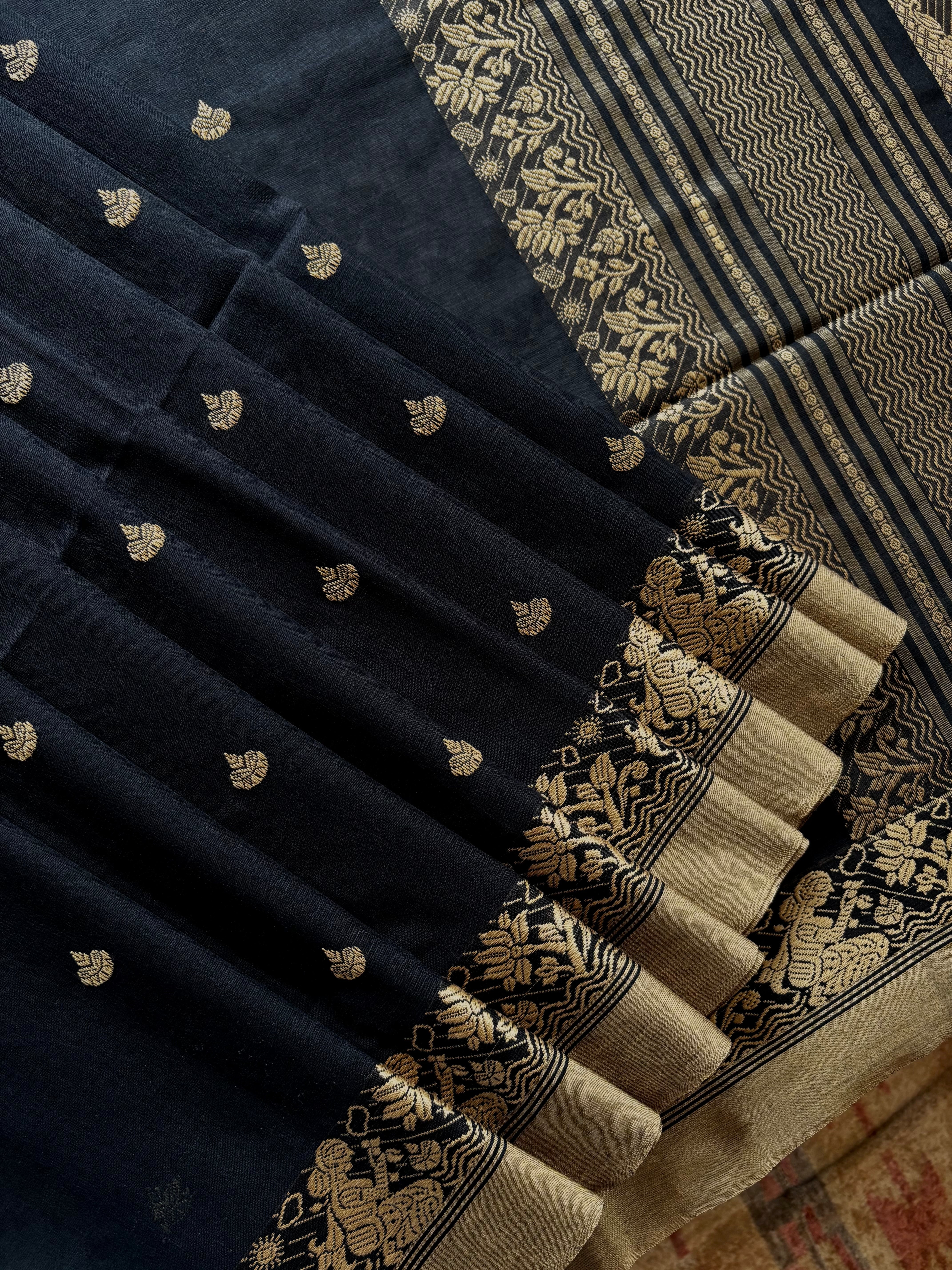 Handwoven Black Beige Cotton Baluchari Saree