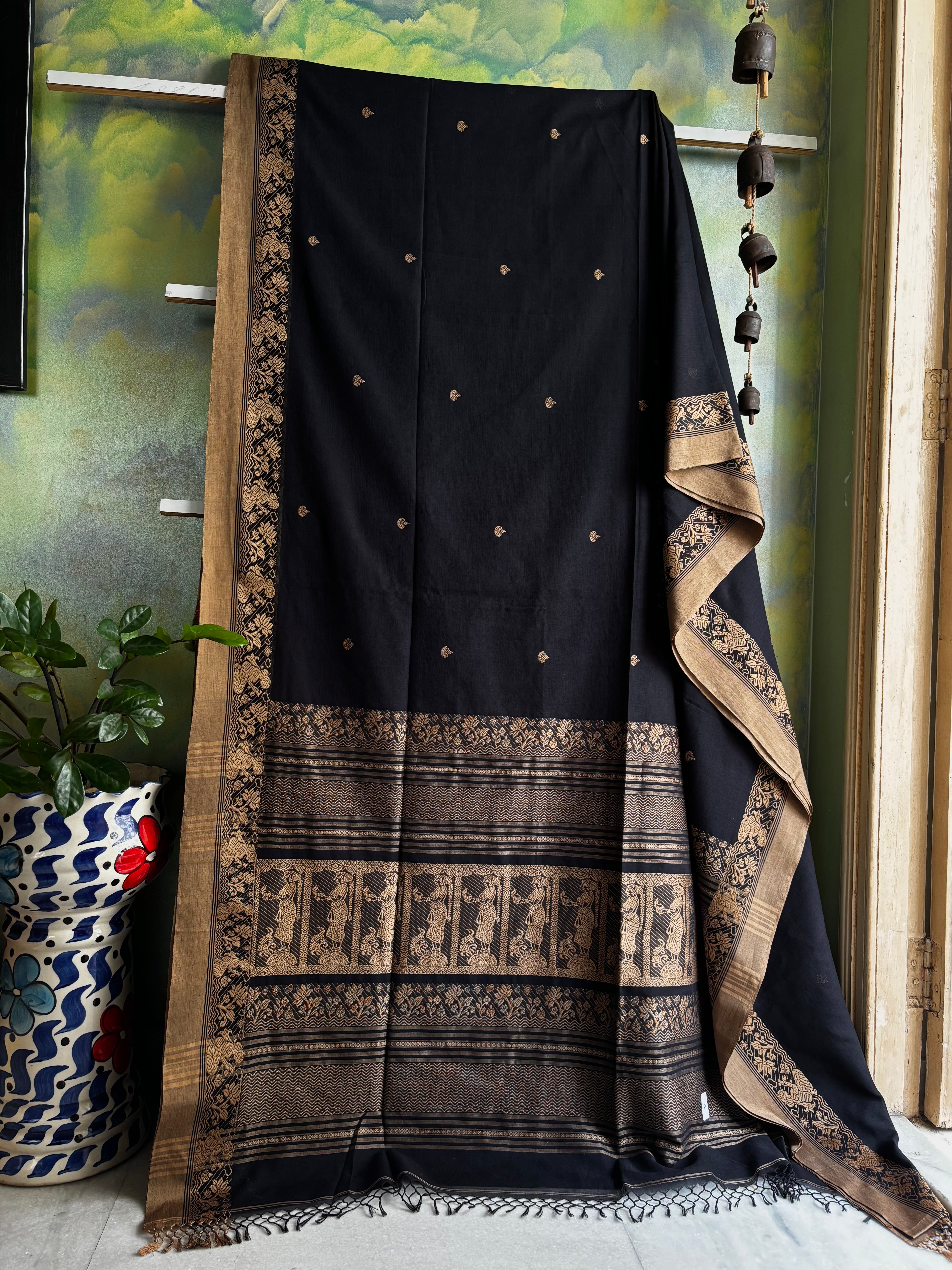 Handwoven Black Beige Cotton Baluchari Saree