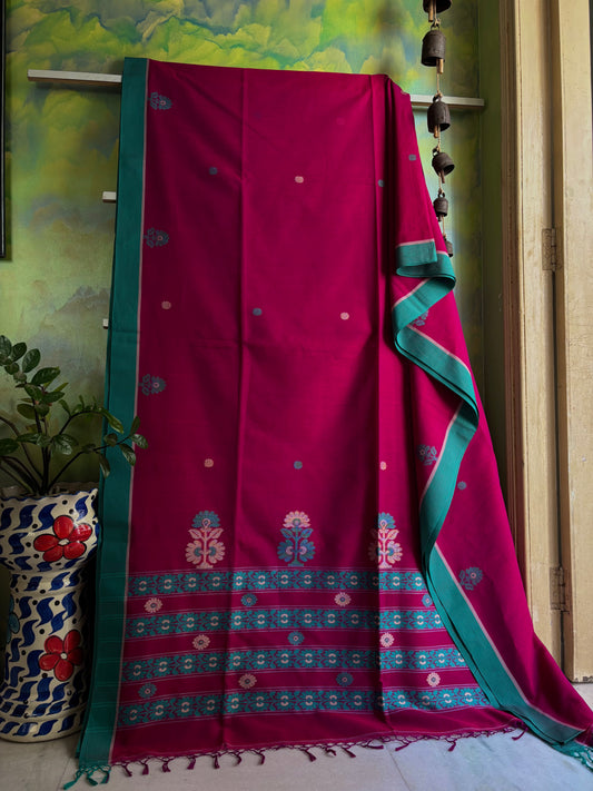 Handwoven Red Purple Dual Toned Cotton Jamdani Saree