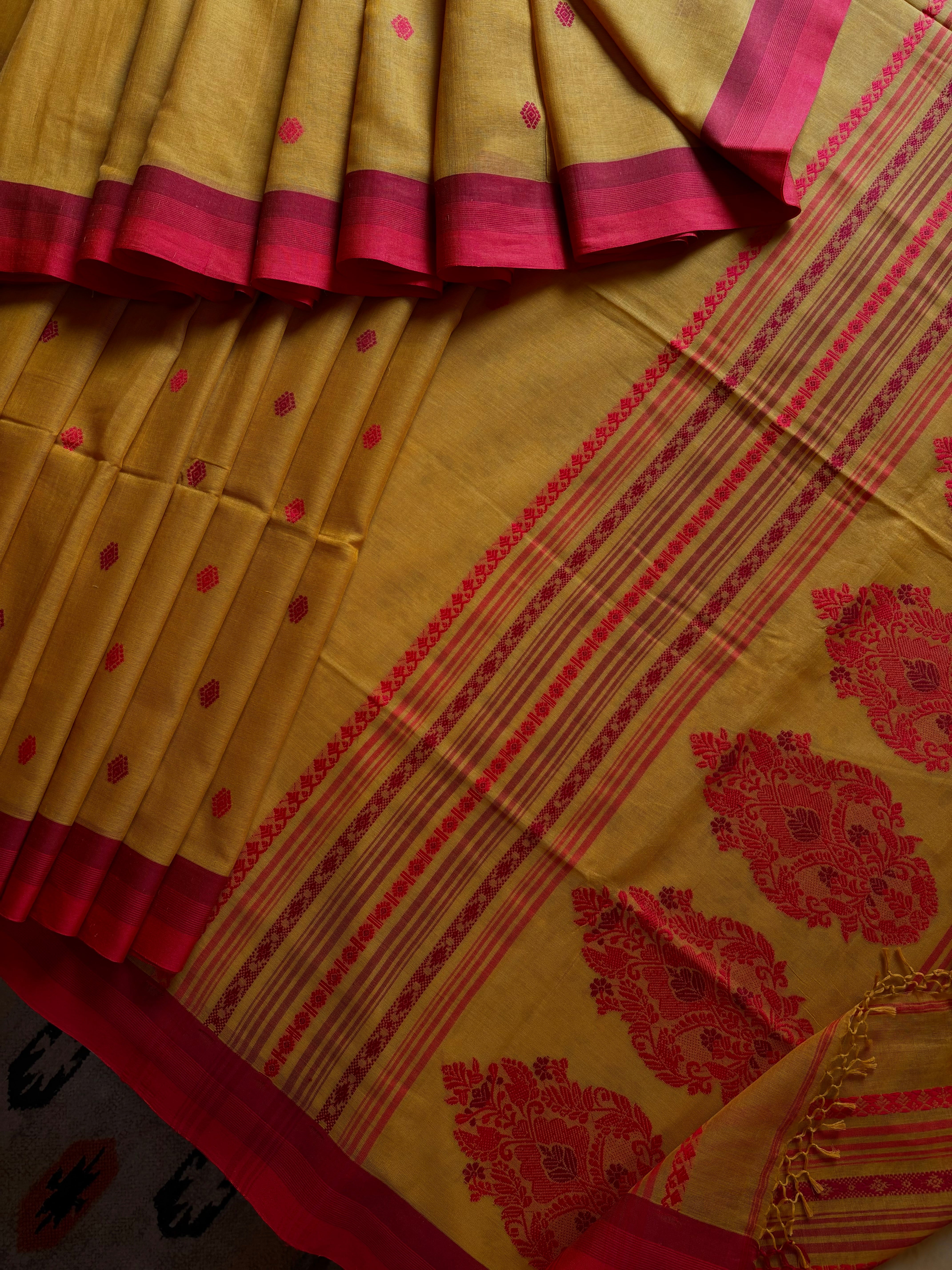 Handwoven Mustard Phulia Cotton Saree