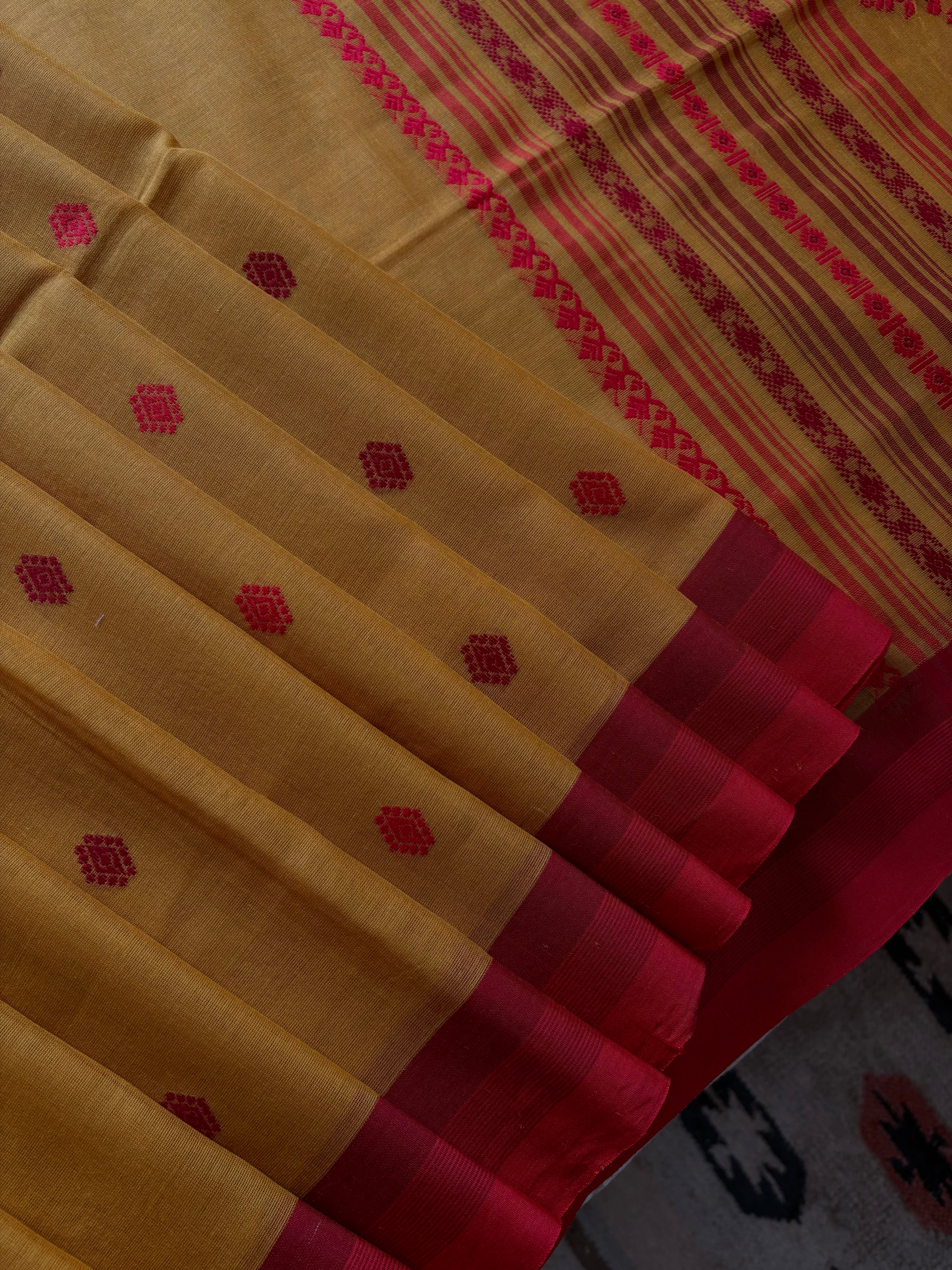 Handwoven Mustard Phulia Cotton Saree